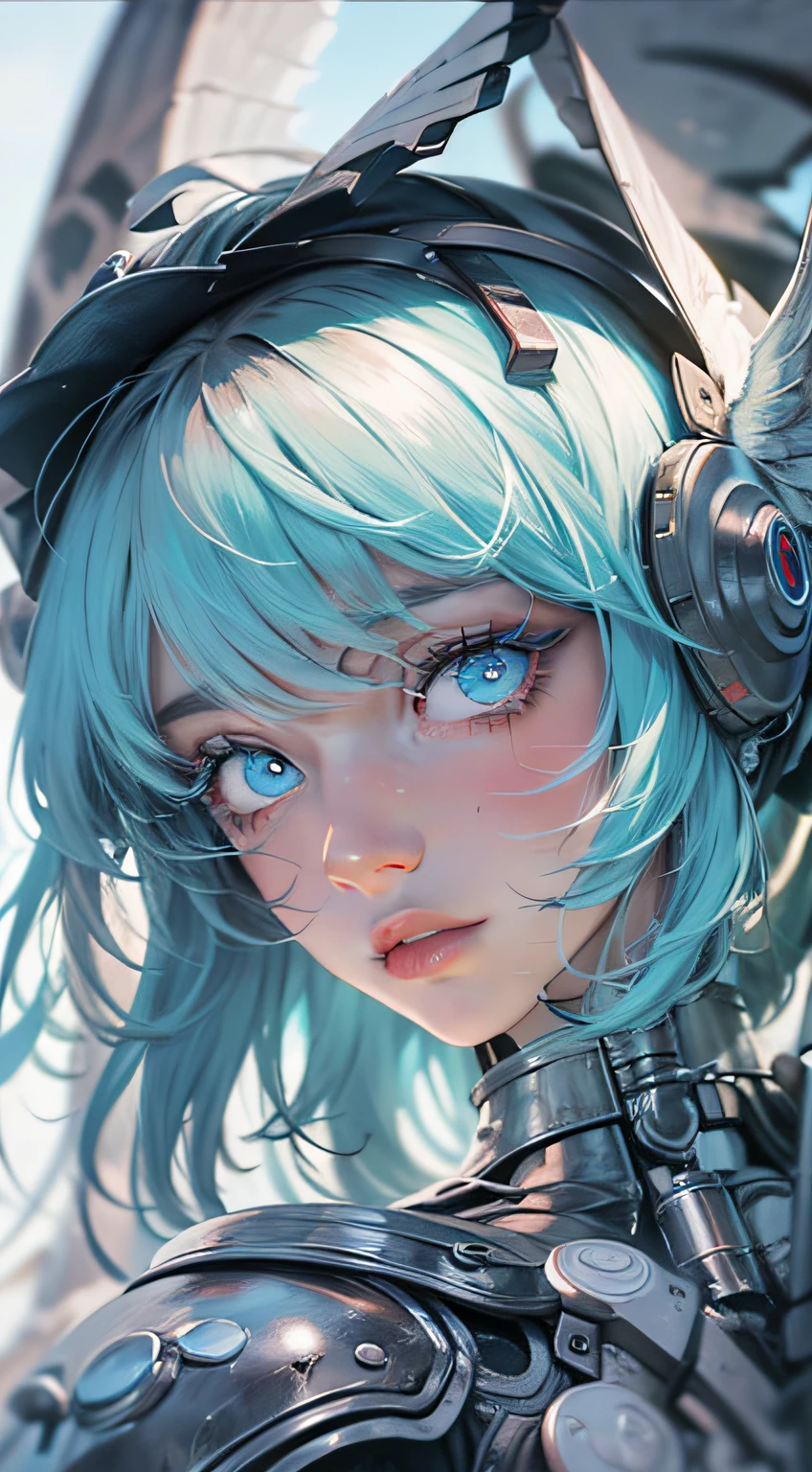 (Masterpiece), (Best quality), 1girll, Battle Angel, A female warrior with angel wings, battlefiled, Portrait, Close-up shot, (Blue glowing eyes), Cyborg armor