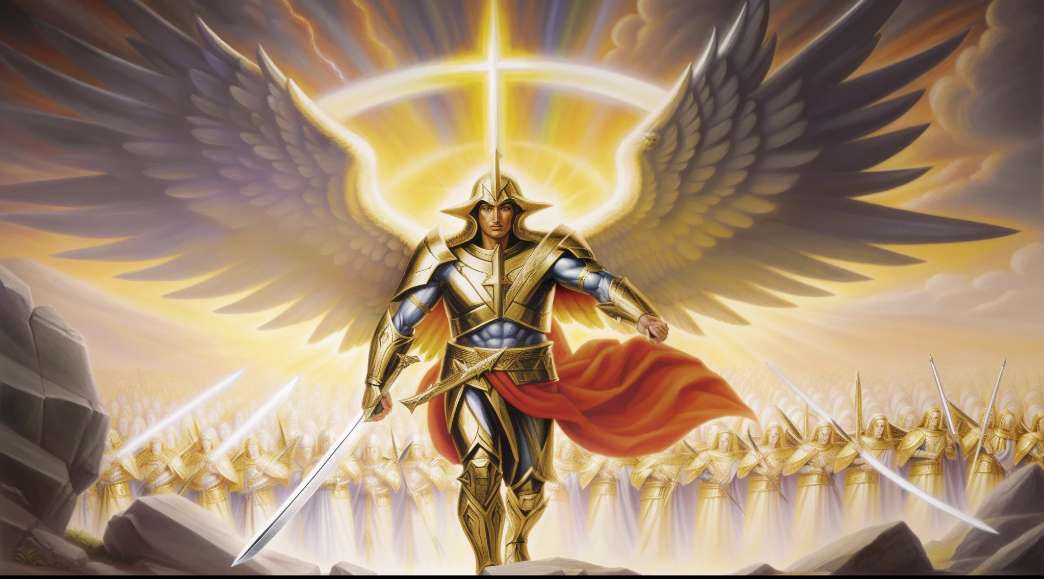 Maximum quality image of Archangel Michael from the Bible, maximo de qualidade, maximo de qualidade, religious biblical illustration, detalhes e seu rosto perfeito e celestial em uma batalha contra o diabo, maximum perfection and realism in the image, highlight more Archangel Michael is with a sword in evil fighting evil