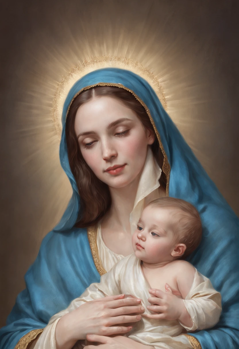 Drawing of a woman holding a beautiful in her arms, Virgin Mary, Toddler with Jesus, Mother, Queen of Heaven, Beautiful Art, painting of beautiful, Beautiful depiction, Portrait of the Virgin Mary, Catholic Religious Art, rosen maiden, Sacred and beautiful, with a blue background, Boregov, guweiz masterpiece, religious art, Christian art, religious painting、Smile