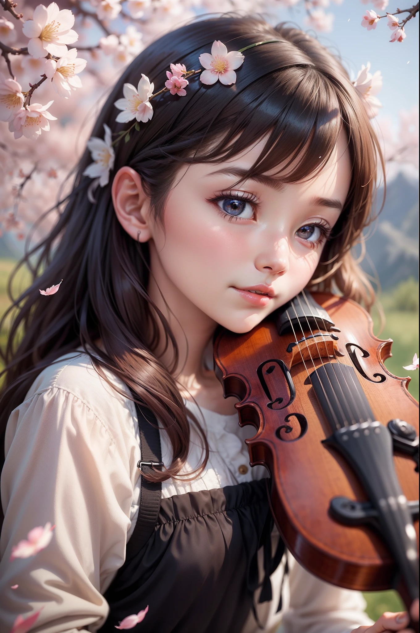 A girl playing the violin under the cherry blossom tree，Beautiful faces，Delicate facial features，Flowers fall from the sky，Far Mountain，blue-sky，k hd。