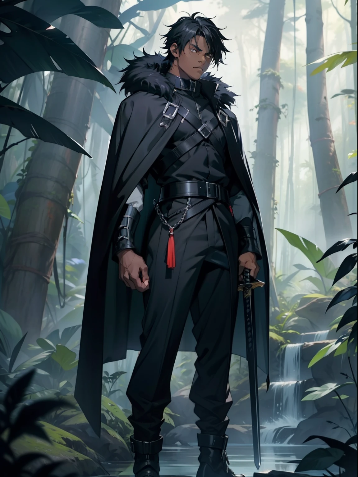 dark skin boy, black eyes, black hair, anime style, 4k image, full body, wearing black suit, cloak with fur on the collar, holding sword, harness, giant black leopard in background, cool rainforest background