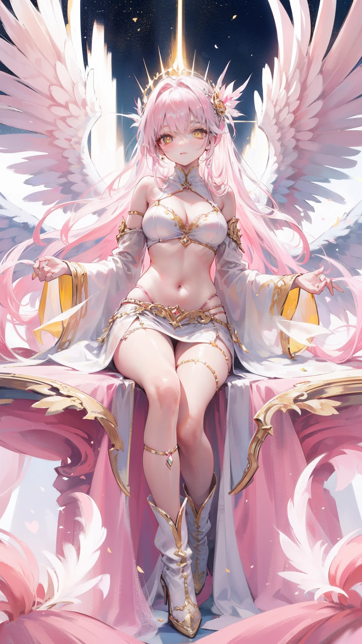 Long pink and white hair，Pink-white wings，Deep yellow pupils，Decorated in brilliant gold，Soft clothes in white and yellow，Silk skirt，deep v big breasts，Bare shoulders，Open navel，Bare thighs，boot，She is a cute and sweet beautiful girl