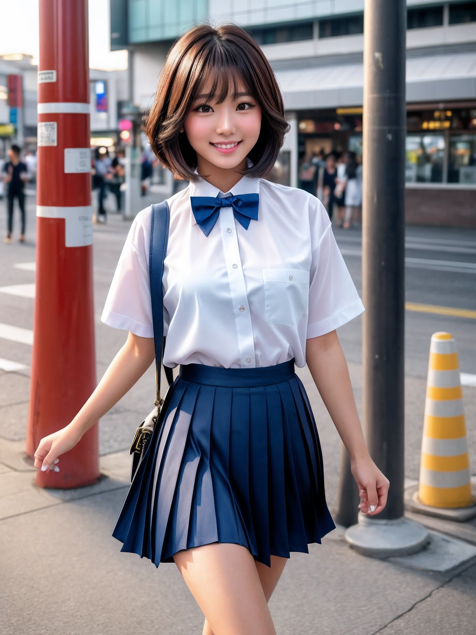 product quality, 1 girl, cowboy shot, front view, a Japanese young pretty woman, bob hair, walking with a big smile on a crowded street in front of a station entrance in the sunset , glamorous figure, wearing a short sleeves white collared silky shirt with satin dark blue plain bow tie, wearing a dark blue pleated long skirt, carrying one tote bag over her shoulder, hyper cute face, glossy lips, double eyelids in both eyes, natural makeup, long eyelashes, shiny smooth light brown bob hair, asymmetrical bangs, a tanned skin, central image, high resolution, high detail, detailed hairstyle, detailed face, spectacular cinematic lighting, octane rendering, vibrant, hyper realistic, perfect limbs, perfect anatomy