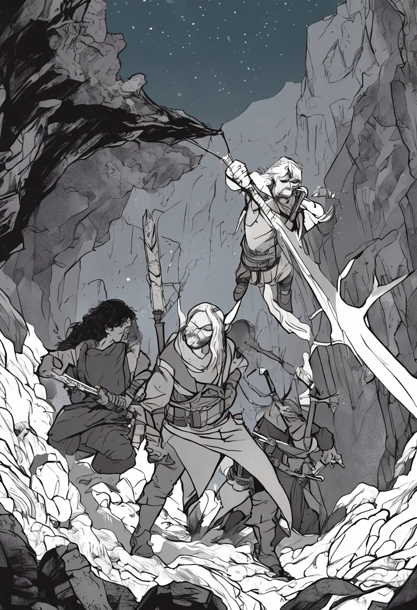 (Three people in a dark cave, One in front of the group with a torch in hand, outro empunhando uma espada e o terceiro com um arco e flecha preparado. Desenho estilo anime, desenho animado. colorido)