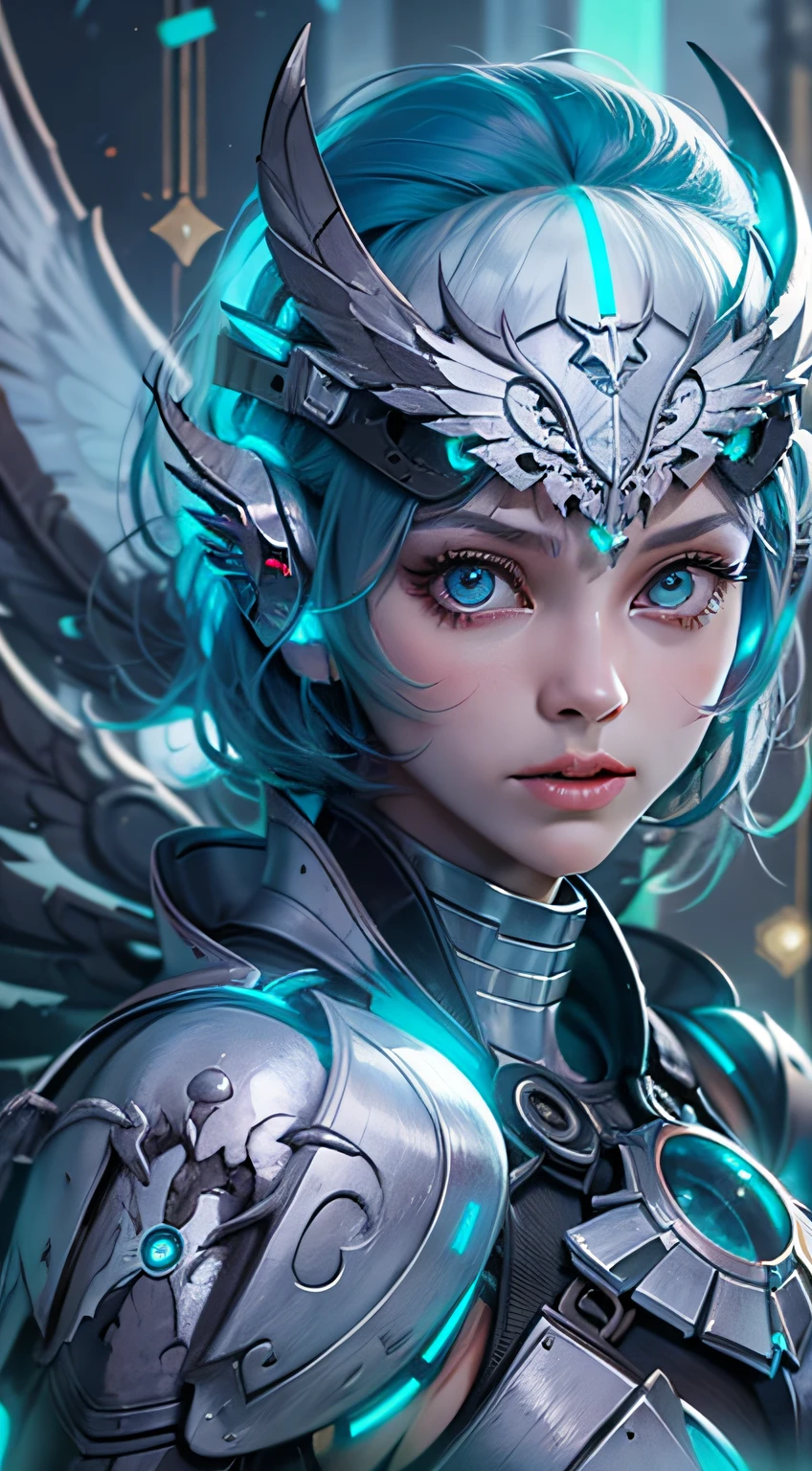 (Masterpiece), (Best quality), 1girll, Battle Angel, A female warrior with angel wings, battlefiled, Portrait, Close-up shot, (Blue glowing eyes), Cyborg armor
