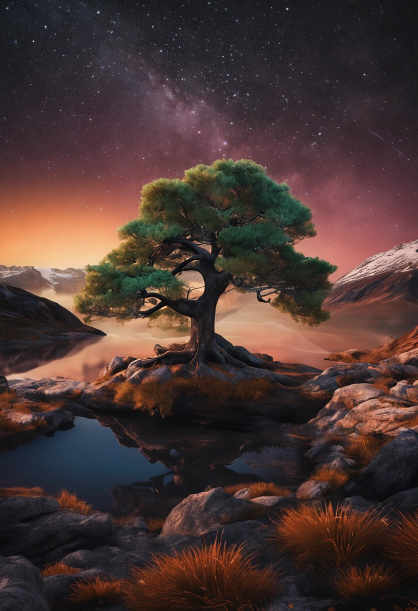arvore dourada, pequeno porte, em uma noite estrelada, aurora boreal, 8k, ULTRA REALISTA, detalhes de alto contraste, um lindo lugar