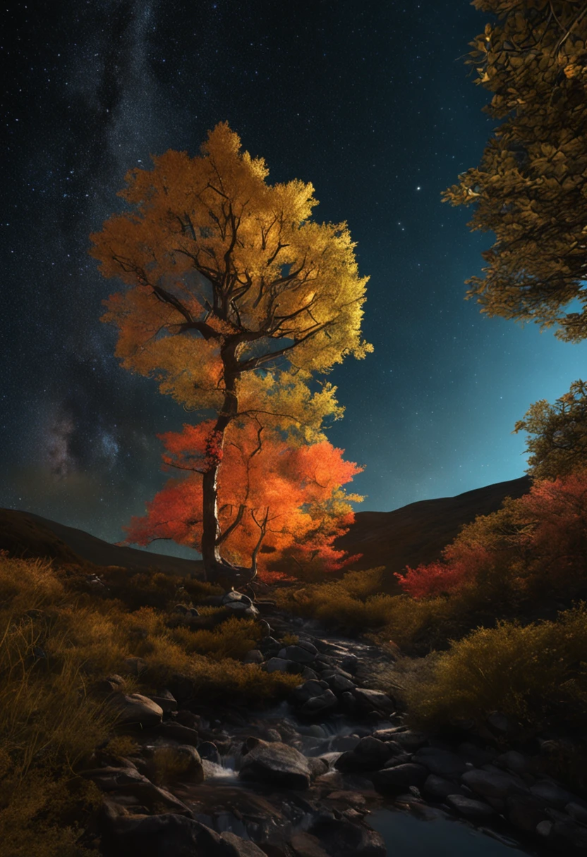 arvore dourada, pequeno porte, em uma noite estrelada, aurora boreal, 8k, ULTRA REALISTA, detalhes de alto contraste, um lindo lugar