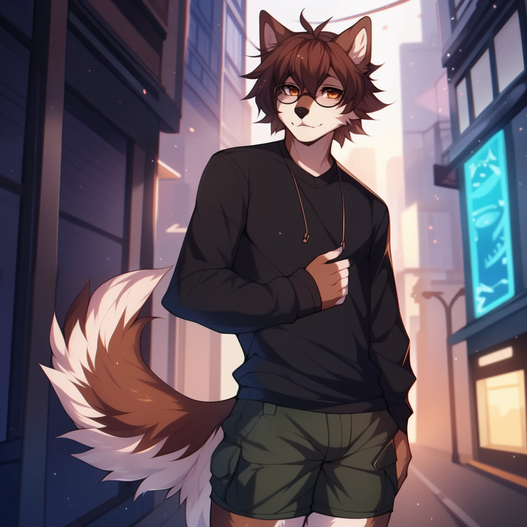 By fumiko, by hyattlen, by claweddrip, a tan male furry wolf, cute snout, tan ears, brown shaggy hair, clear glasses, brown wolf tail, wearing long sleeve shirt, black cargo shorts, black flats, standing, solo, in a city