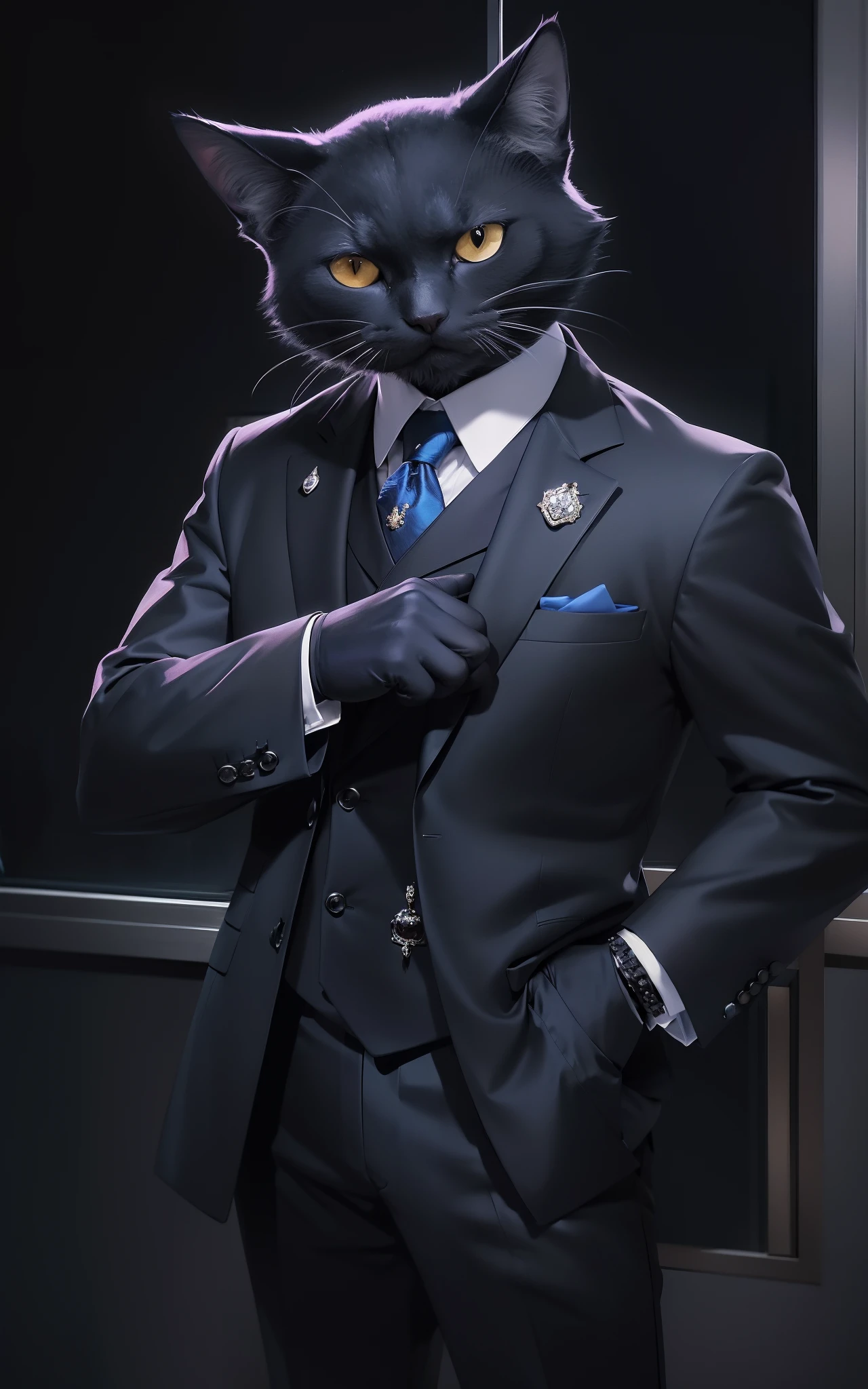Cat in suit and tie standing by the window, in a strict suit, in a strict suit, Dark suit, epic and classy portrait, highly detailed exquisite fanart, Official Character Art, well - dressed, dignified aristocrat, official character illustration, in his suit, Trending on ArtStation pixiv, high detailed official artwork, elegant cat , kindly smile , kindly smile .