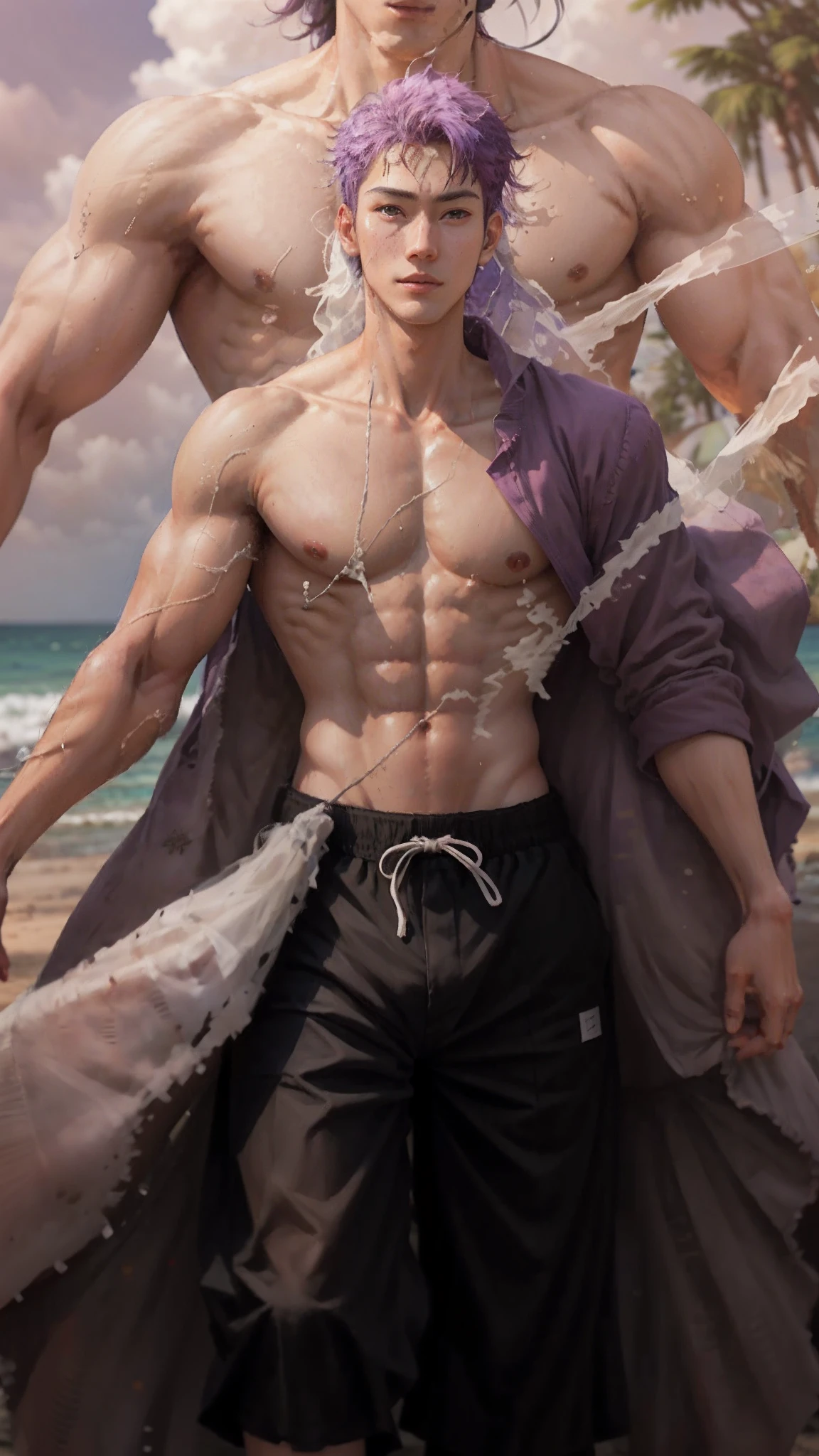 Handsome young man wearing shorts, purple hair, black hair, white skin, standing on the beach. morning, Top view, cool expression / side view, (stomach sweats), beach view, surrounding sea water, six pack body, fair skin, sweat on body, Tree surroundings Coconut and divine sunlight