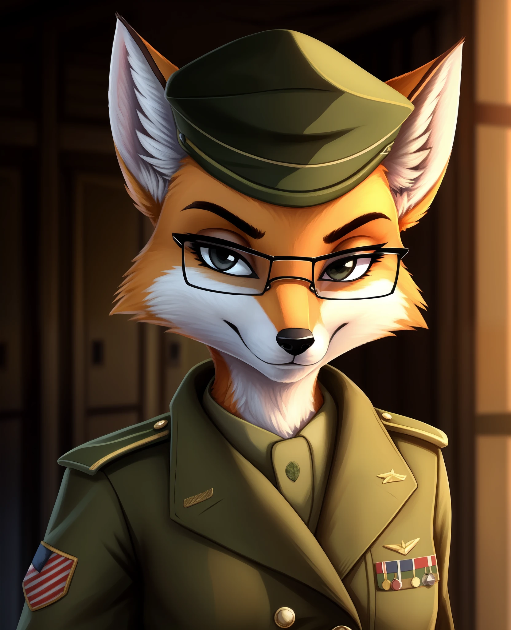 ltfoxvixen, furry female anthro, fox girl, glasses, portrait, close-up,  green jacket, fur trim, solo, tail, (body fur:1.2), (best quality), (detailed army barracks background:1.2), dramatic lighting, (detailed fluffy fur:1.1), looking at viewer,  small breasts, black eyes, garrison cap,