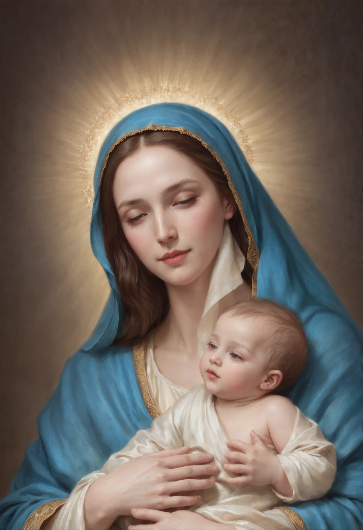 Drawing of a woman holding a beautiful in her arms, Virgin Mary, Toddler with Jesus, Mother, Queen of Heaven, Beautiful Art, painting of beautiful, Beautiful depiction, Portrait of the Virgin Mary, Catholic Religious Art, rosen maiden, Sacred and beautiful, with a blue background, Boregov, guweiz masterpiece, religious art, Christian art, religious painting、Smile