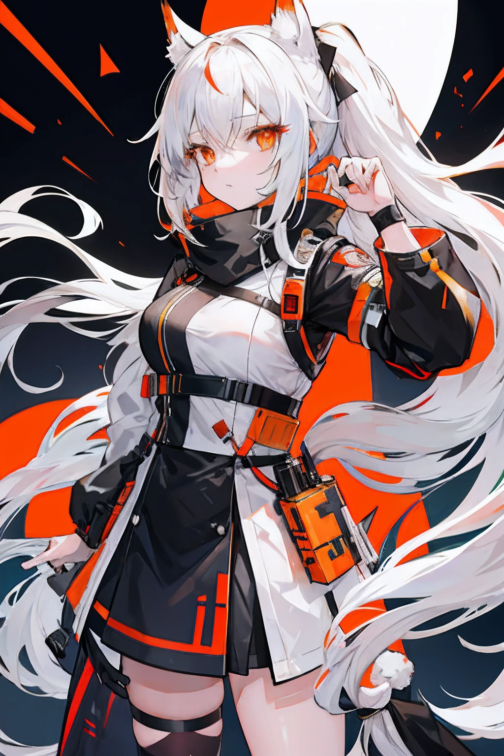 anime girl with long hair and a orangeeyes, arknights , white haired fox, girls frontline style,1girl,pony tail,futurecity