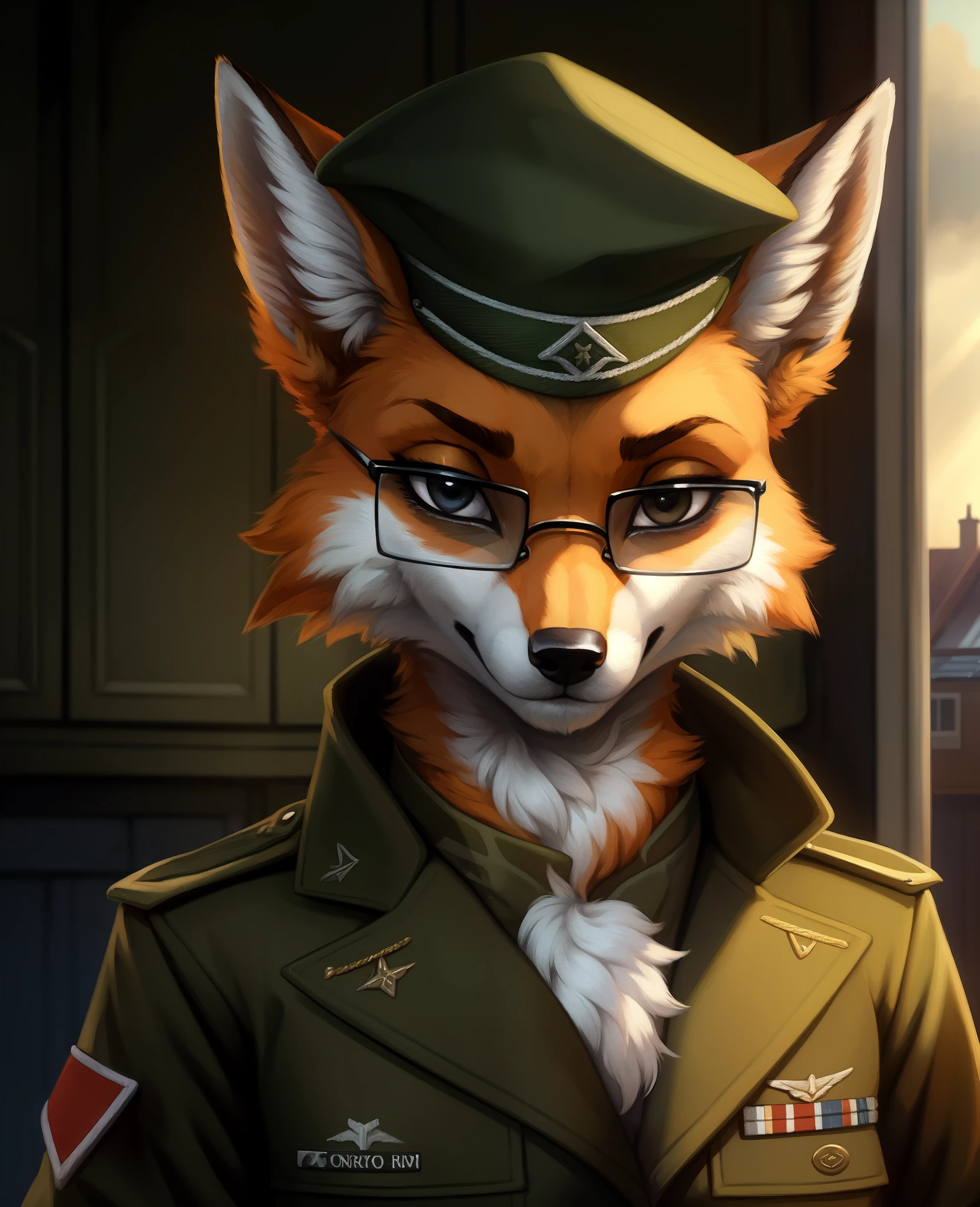 ltfoxvixen, furry female anthro, fox girl, glasses, portrait, close-up, green jacket, fur trim, solo, tail, (body fur:1.2), (best quality), (detailed army barracks background:1.2), dramatic lighting, (detailed fluffy fur:1.1), looking at viewer, small breasts, black eyes, garrison cap,, honovy, hioshiru, foxovh,,