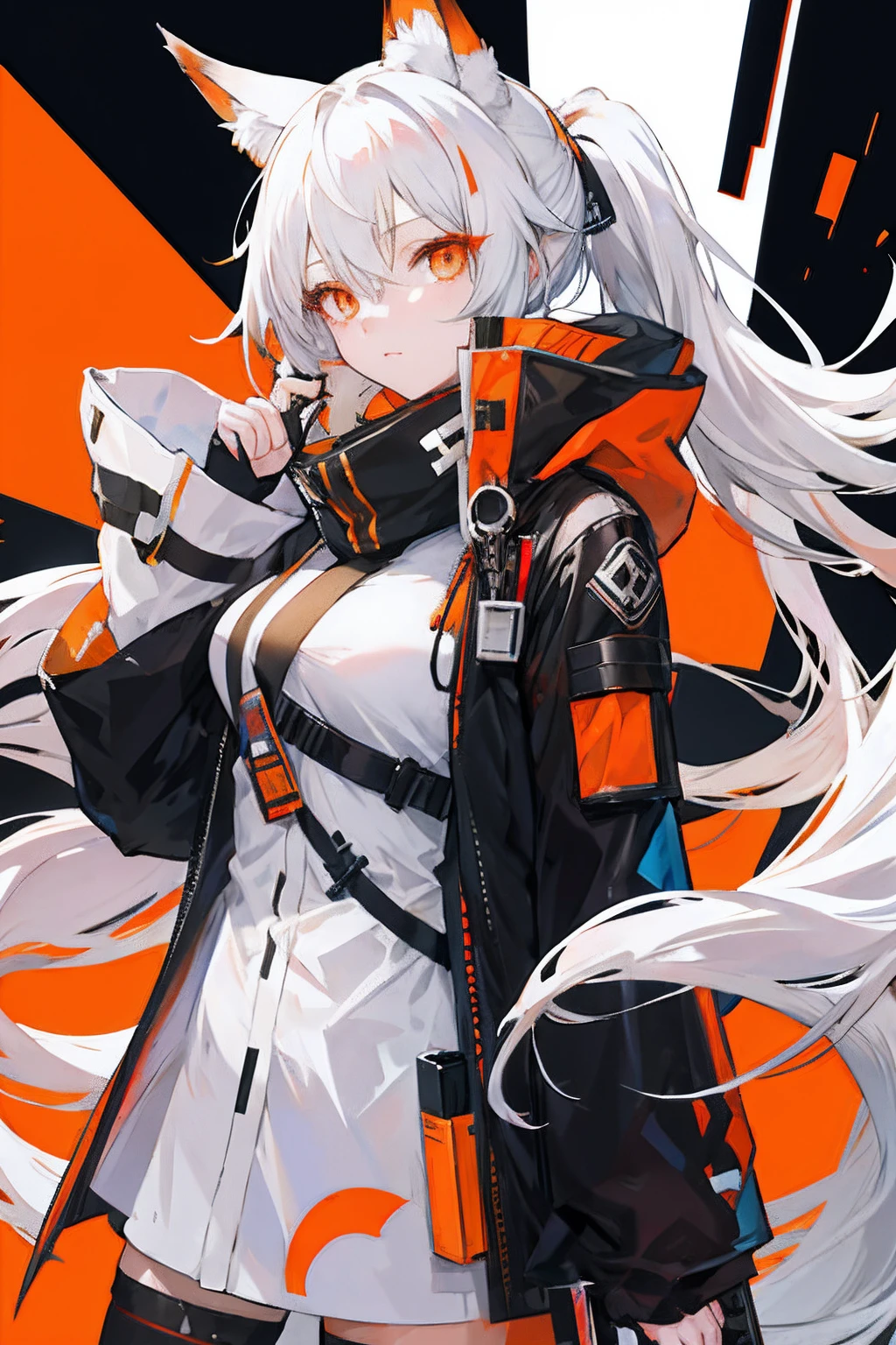 anime girl with long hair and a orangeeyes, arknights , white haired fox, girls frontline style,1girl,pony tail,futurecity