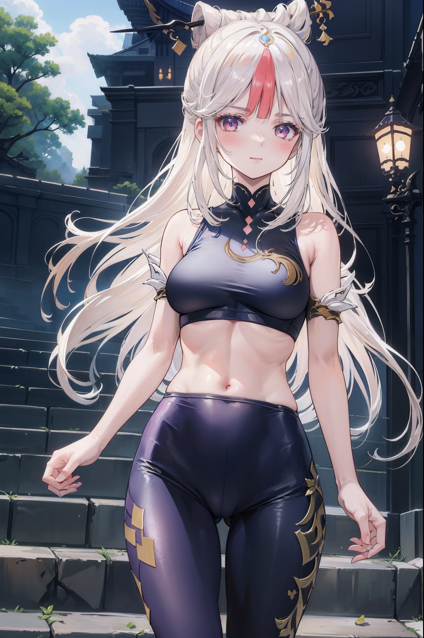(masterpiece)1 girl, Yelan, Genshin Impact, best quality, expressive eyes, perfect face, upper Big body, smile, blush, Wearing Gym Skin Tight Leggings and Skin Tight Sports Bra, outdoors, day, simple background, Dark sky, Long hair, sky, temple, looking at viewer, stairs, Village, moody lighting,