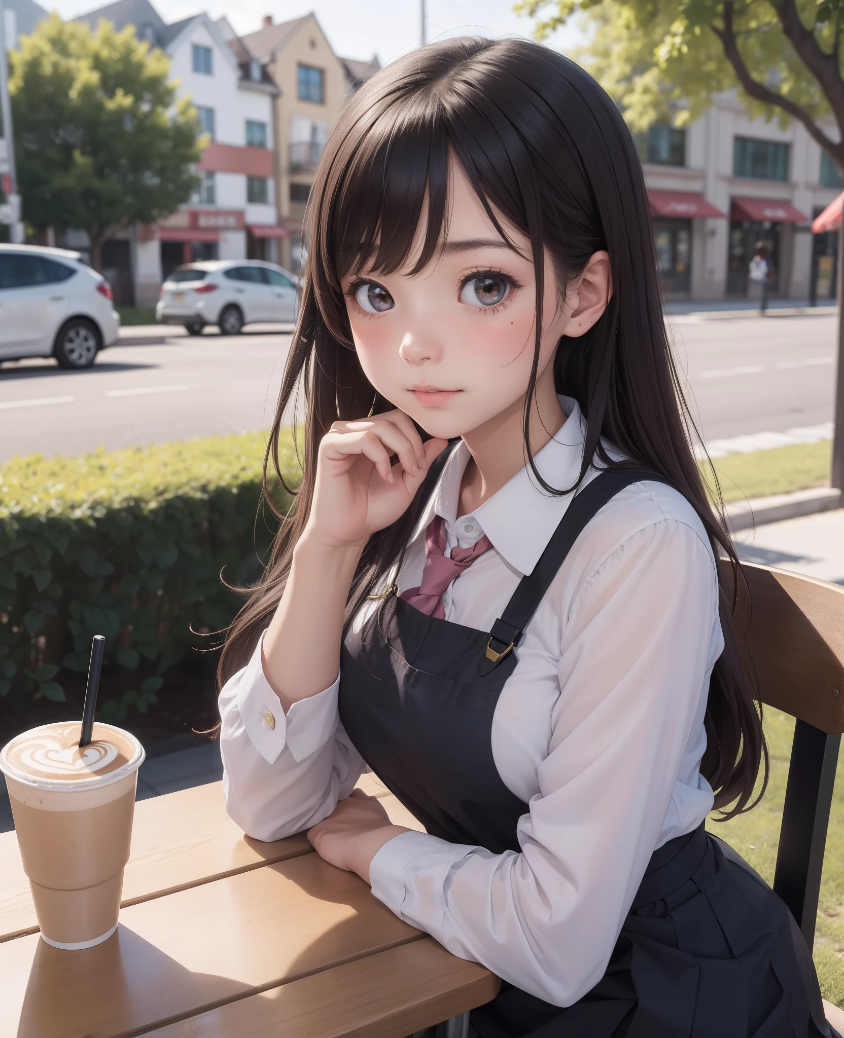 (masterpiece, best quality), (absurdres:1.2), the cutest girl, (ultra detailed, 8K, ultra highres:1.2), slim, (bokeh, sharp focus, depth of field), BREAK BREAK 1girl, young girl, adorable, (blush, embarrassed:1.2), long hair, school uniform, outdoor, cafe, table, coffee, POV dating, sitting, (detailed skin texture:1.2)