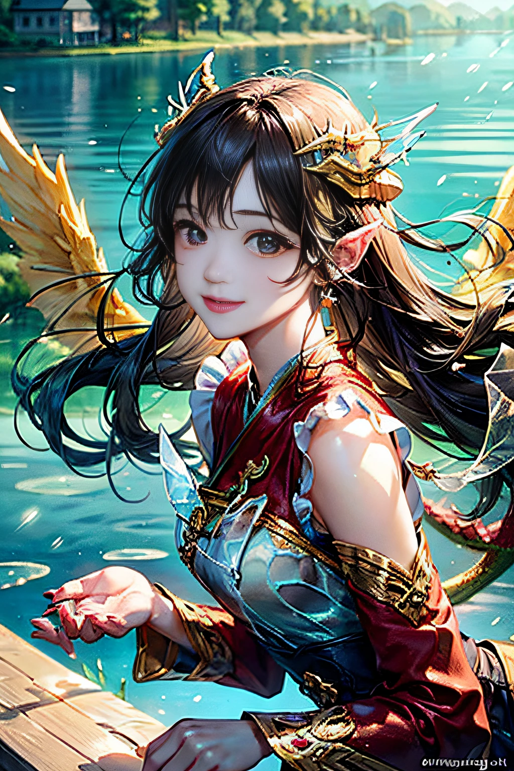 (Sheer and revealing costumes:1.3, ),(Angel with glass wings floating on lake:1.3), (Glass Dragon Behind:1.3),Glossy light brown and orange striped shorthair,Cute smile,Perfect round face,A cheerful smile that makes the viewer happy,Proper body proportion,masutepiece,Super high-quality output images,hight resolution,Intricate details,Hair fluttering in a very delicate and beautiful wind,photos realistic,Dreamy,Professional Lighting,realistic shadow,Solo Focus,Beautiful hands,Beautiful fingers,Detailed finger features,detailed clothes features,Detailed hair features,detailed facial features,