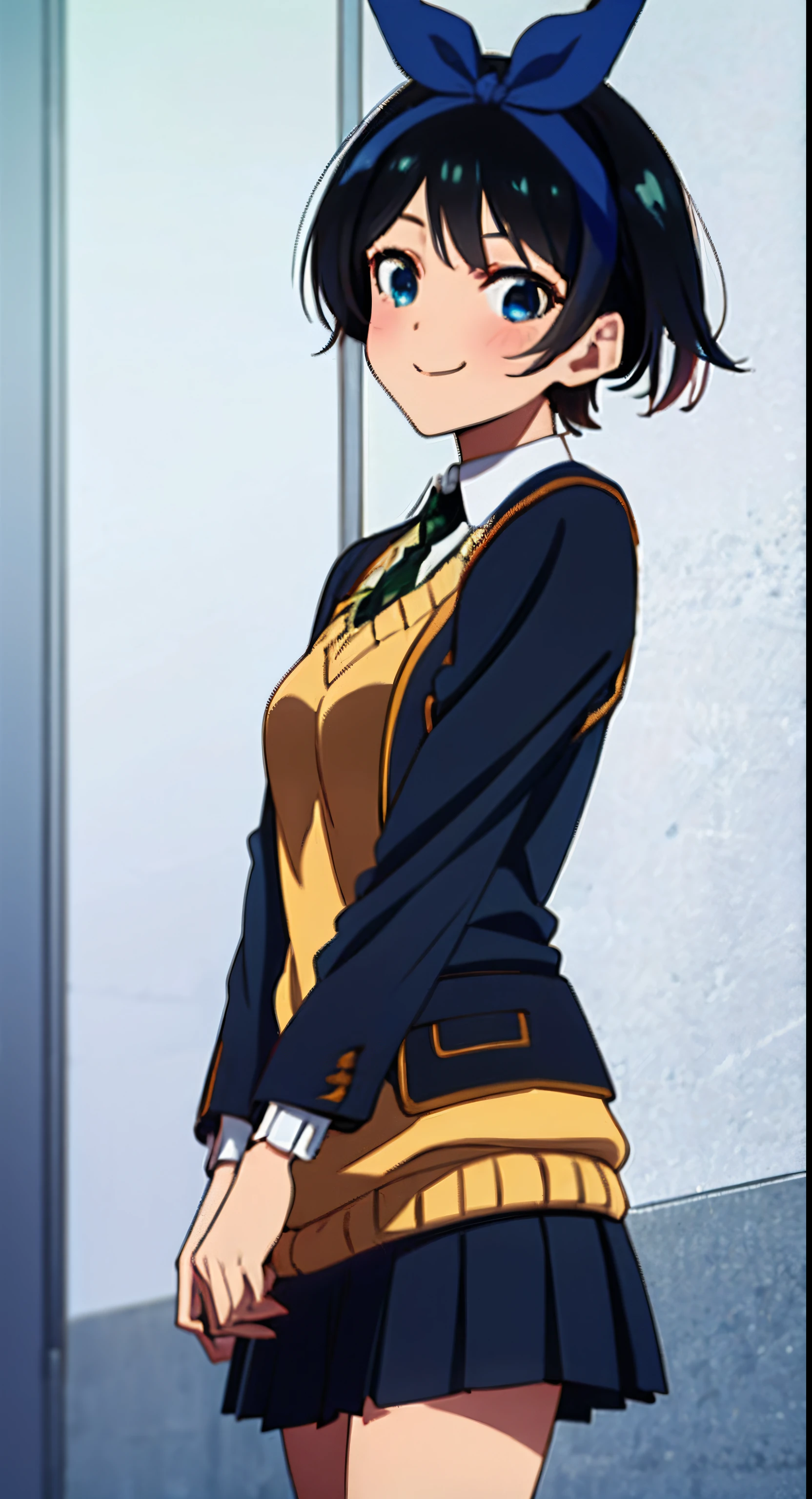 1girl in, Solo, Sarashina Ruka, Black hair, blue hairband, hair blue ribbon, Short hair, Blue eyes, School uniform, Black pleated skirt, Black jacket, green striped necktie, Long sleeves, Sweater Vest, (masutepiece:1.2), hight resolution, Best Quality, 8K, Very Very Clear,a smile