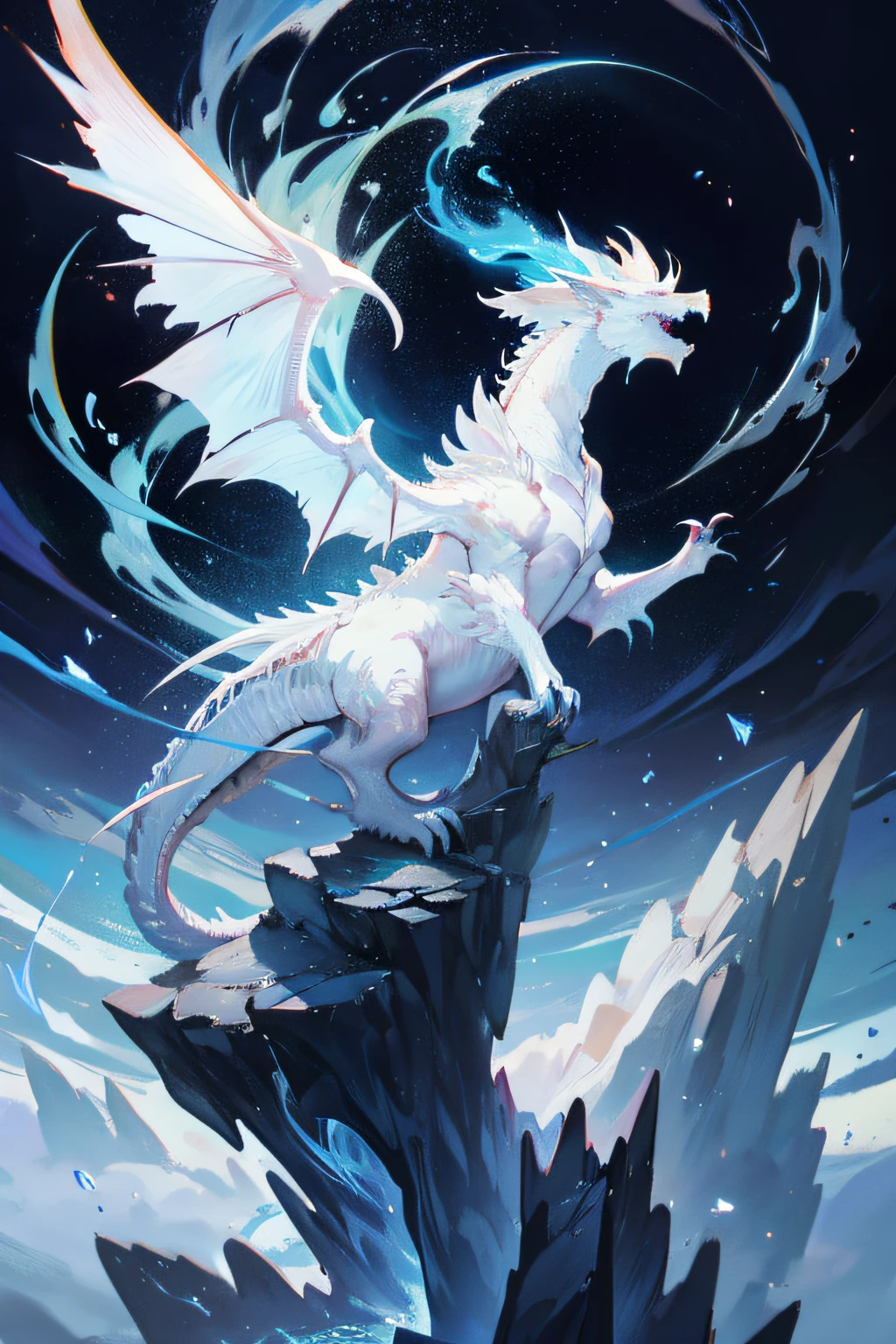A white dragon with lightning on his back sitting on a rock, mystical creature, grandes alas blancas brillantes, "Wallpaper of a phoenix resting, Tendencias en ArtStation Pixiv, epic fantasy digital art style, ''wallpaper of a phoenix, Arte detallado de alta calidad 8K, Spiritual fantasy concept art, epic fantasy art style, Anime Art Wallpaper 8K