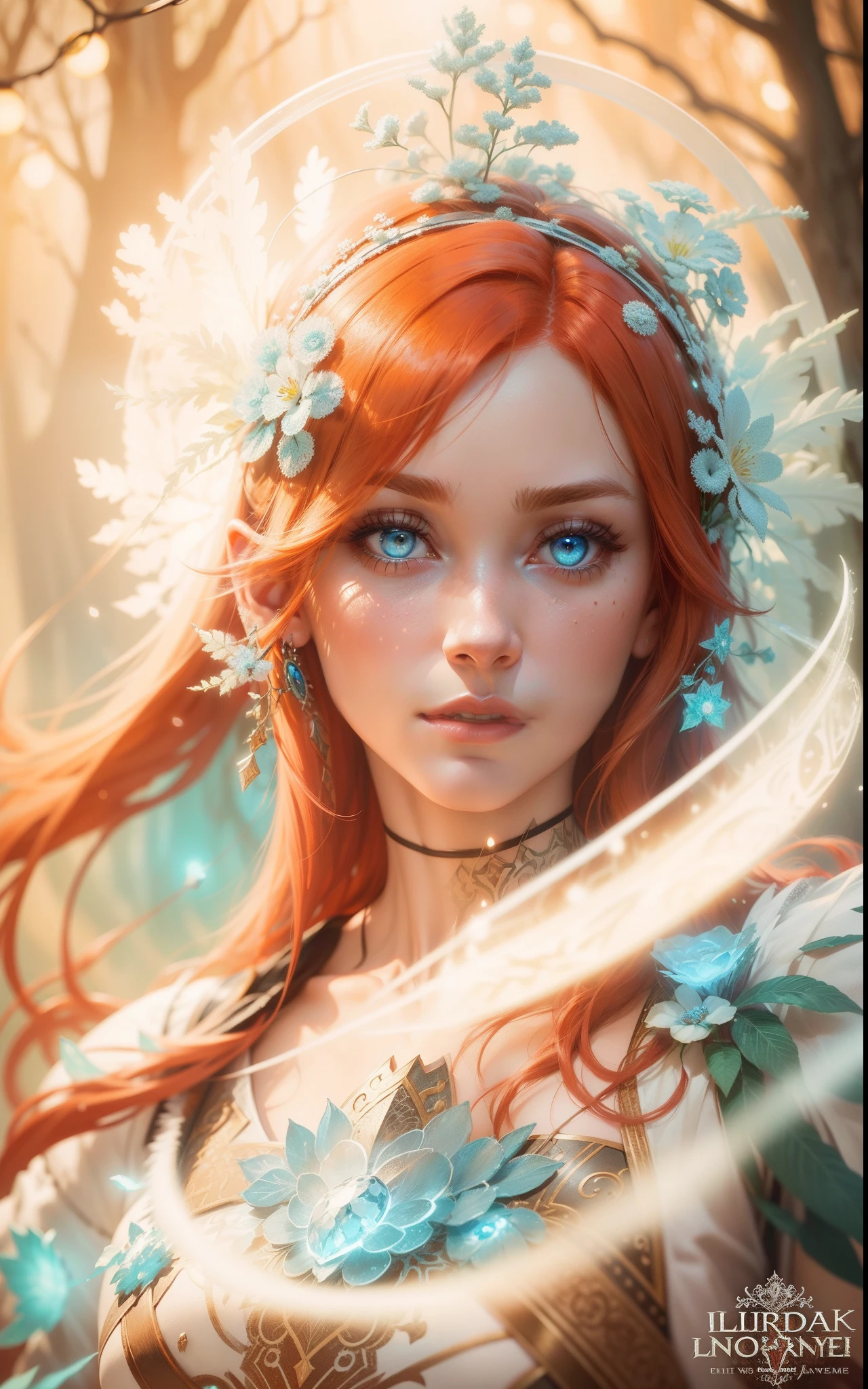 35mm, F/2.8, insanely hyper-detailed and intricate realistic, full body character  with messy red hair, looks like Bryce Dallas Howard, in a dress of ice flowers luminescent circuitry patterns that glow with an eerie blue hue, a black circle crown on her head, detailed face, detailed skin, front, background frozen forest, cover, unzoom, choker, hyperdetailed painting, luminism, Bar lighting, complex, 4k resolution concept art portrait by Greg Rutkowski, Artgerm, WLOP