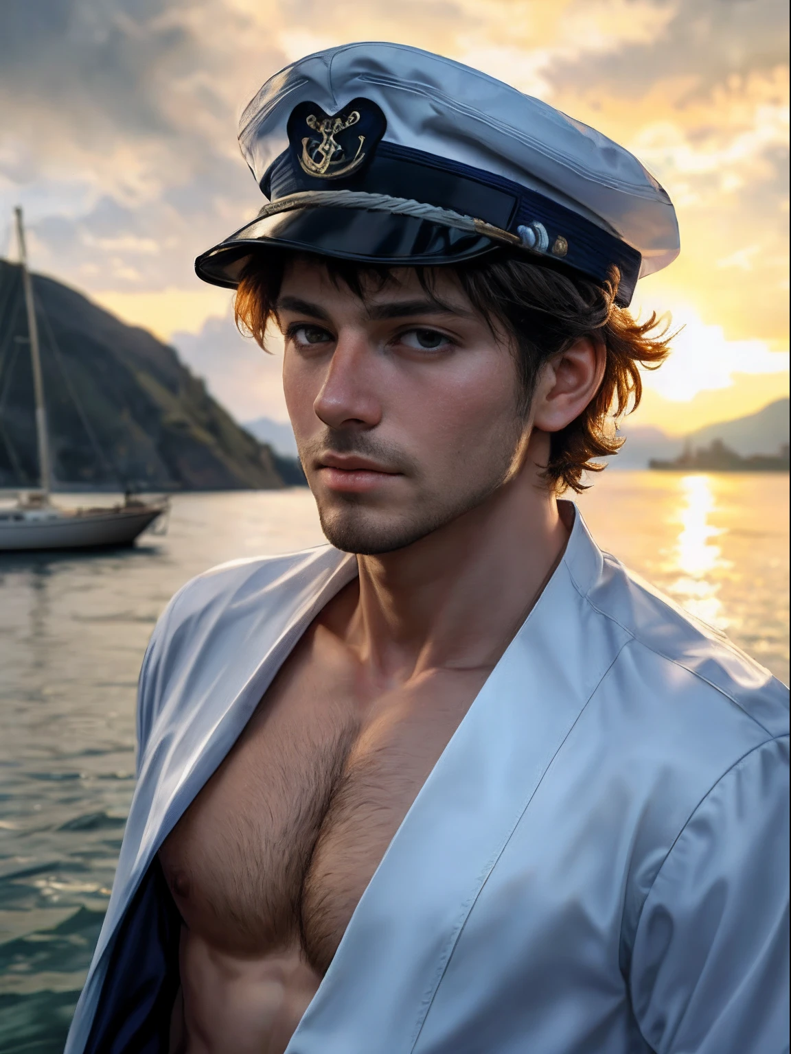 masterpiece, best quality, high resolution, closeup portrait, male focus, solo focus, a man, with sailor clothes, bare chest, sailor hat, in the background a boat,  amazing composition, front view, HDR, volumetric lighting, ultra quality, elegant, highly detailed