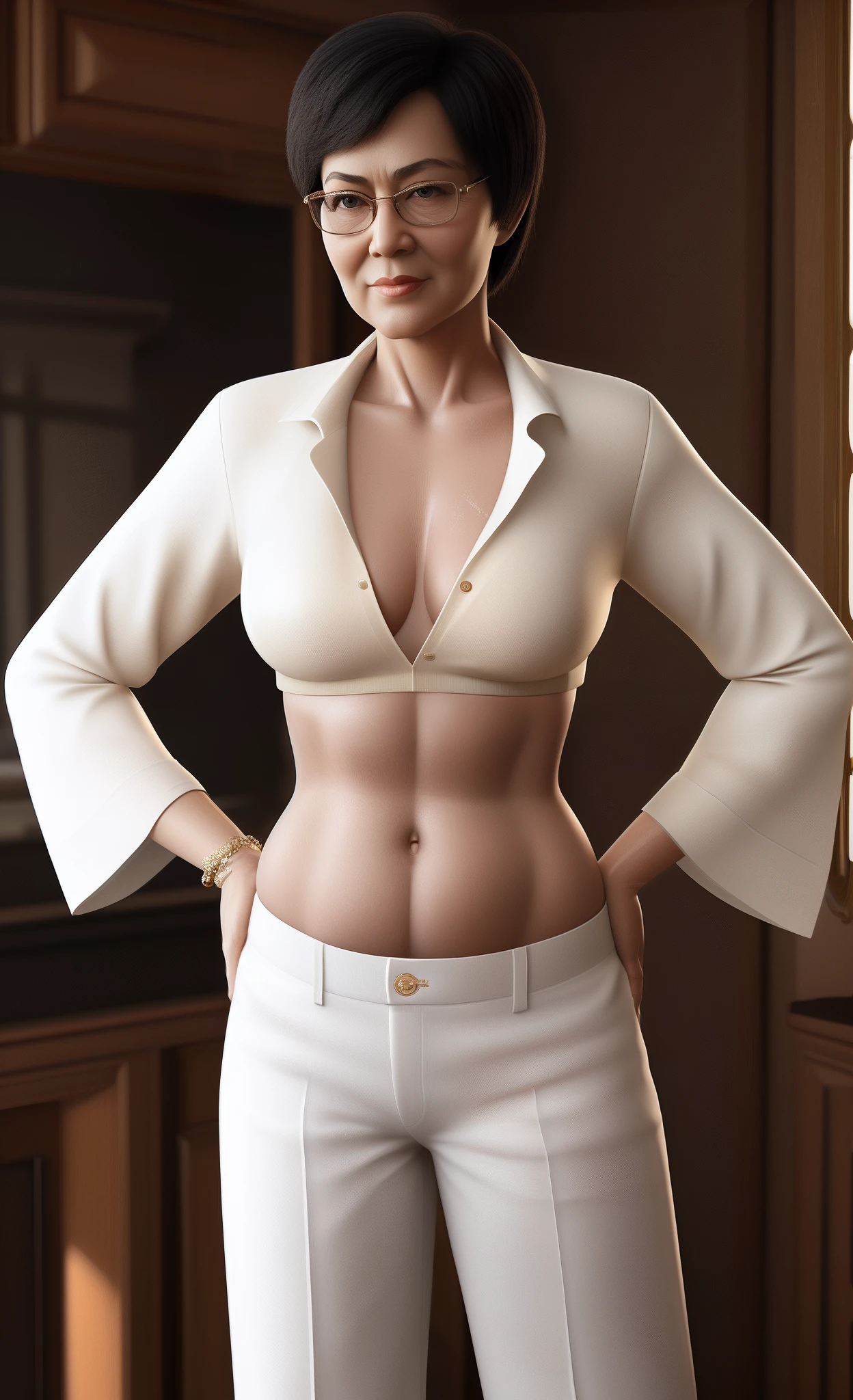 spectacled elderly confident elderly cheeky executive woman in a creamy unbuttoned unglued midriff-shirt and beige very low-rise pants posing, normal chubby tummy, 3 d render of a slender female body, with chubby belly, feminine and normal, sweaty belly, bruce lee as a woman, photorealistic normal body, normal body with sexy chubby belly, skimpy clothed. painting of sexy, fresh fleshes, digital art of an elegant older lady