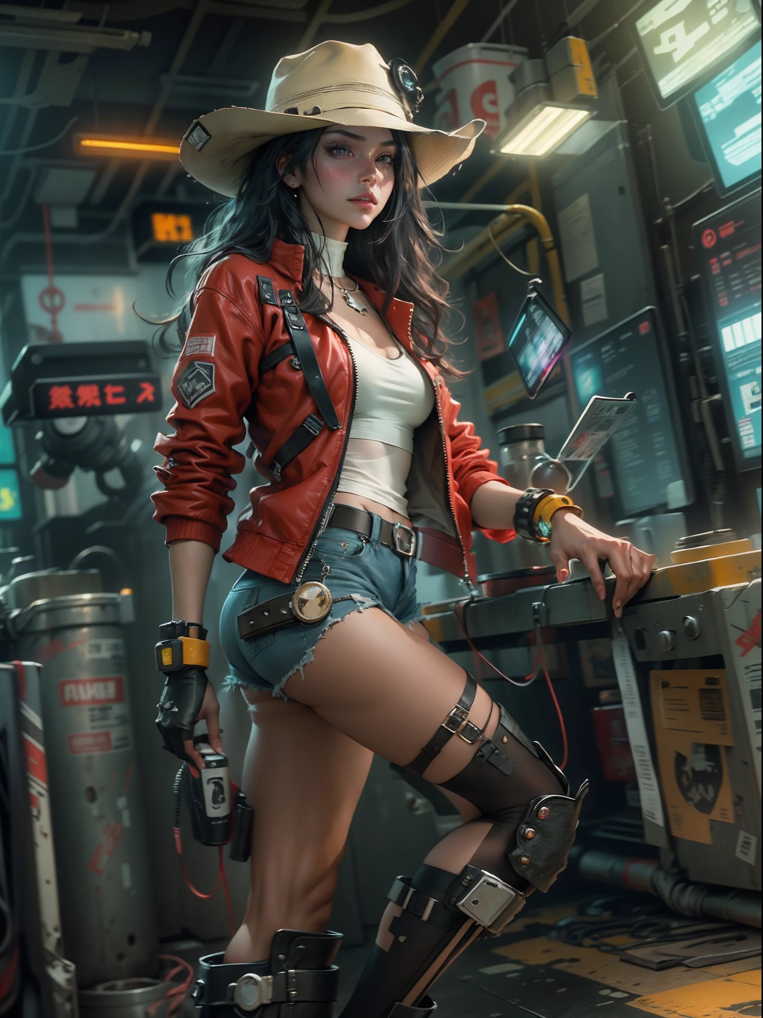unreal-engine:1.4,Ultra-realistic 64K CG, Fotorrealista:1.4, Skin texture:1.4, tmasterpiece:1.4,cyber punk style,Beautiful woman in hat,cowboys,long whitr hair、Yellow cyberpunk-style shorts, Red pantyhose , The miniskirt is blue,