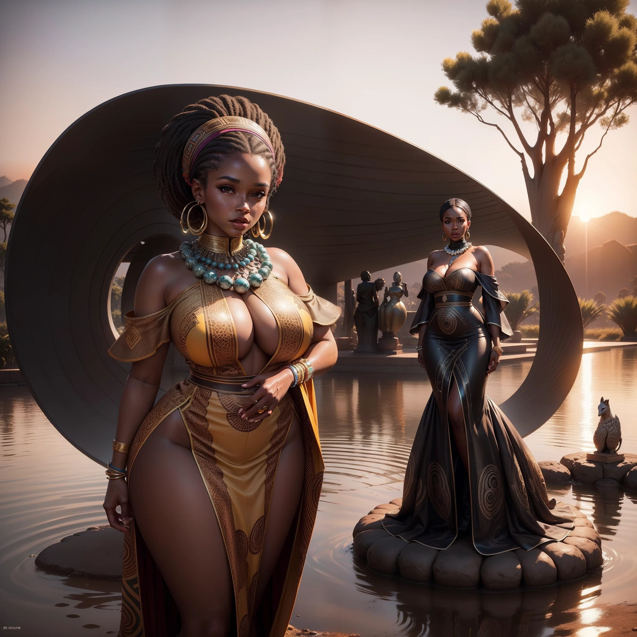A beautiful curvy black woman dressed in african design clothes and beads standing on a wet surface ground, with african designed sculptures in the background with a sunset, African designed instruments in the scene, with iridescent light, highly detailed images, vibrant beautiful colours, photorealistic image, 8k, ultra HD, unreal engine rendered, cinematic lighting, artgerm style,
