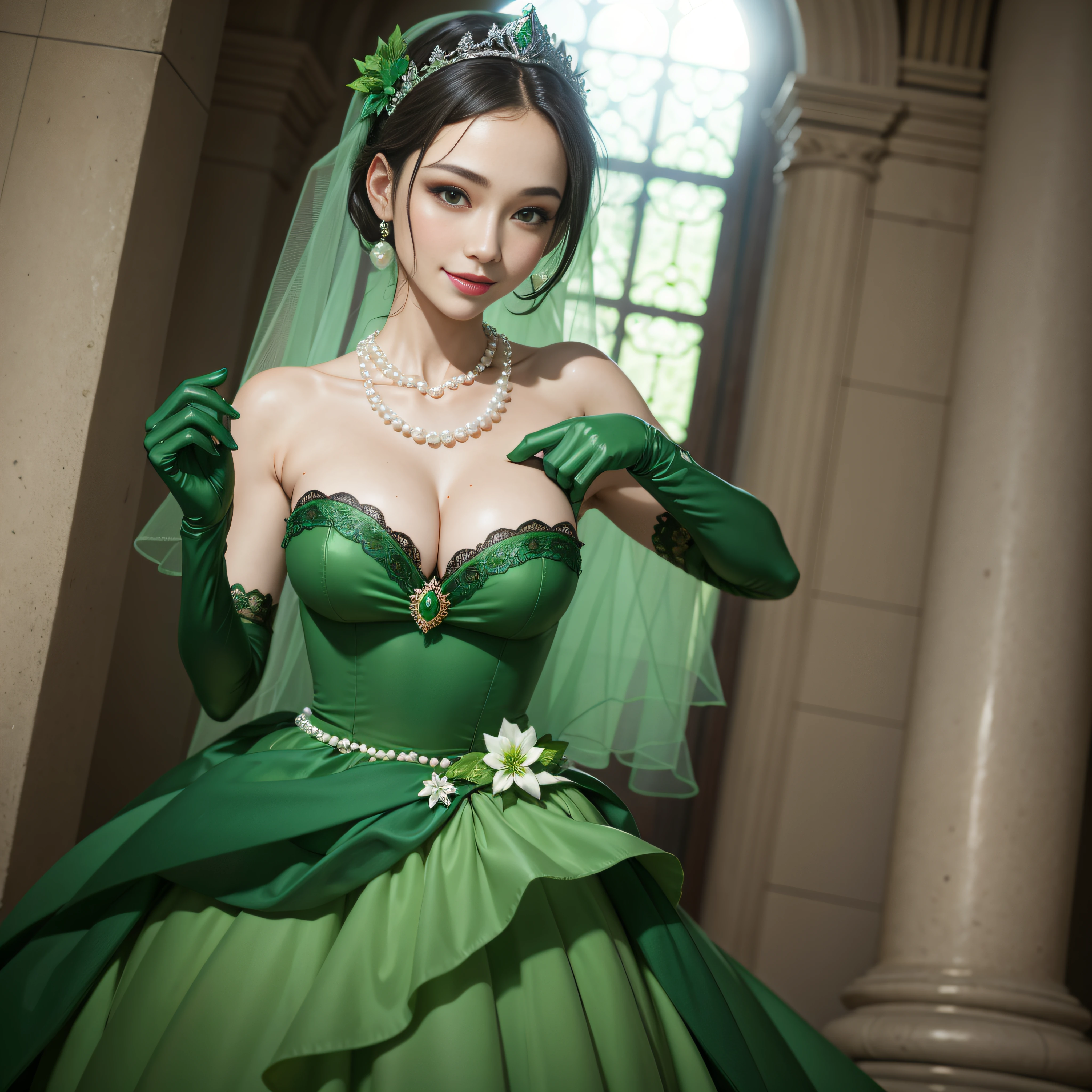 studio lights、depth of fields、The upper part of the body、A slender、A smile、Beautiful detail eyes、Green Dress Flower Cleanser，Sense of atmosphere, best qualtiy，tmasterpiece，1girll，30-years old，Green dress，Daytime Church，full body Esbian, Green gloves，With short green hair，big breasts beautiful，looking at viewert，ssmile，Green Bridal Veil，Green Long Grove，Satin green long gloves,　lipsticks, Pearl Necklace、Green gloves,　emerald tiara, A Japanese Lady, the kiss, Pregnancy, pregnant woman