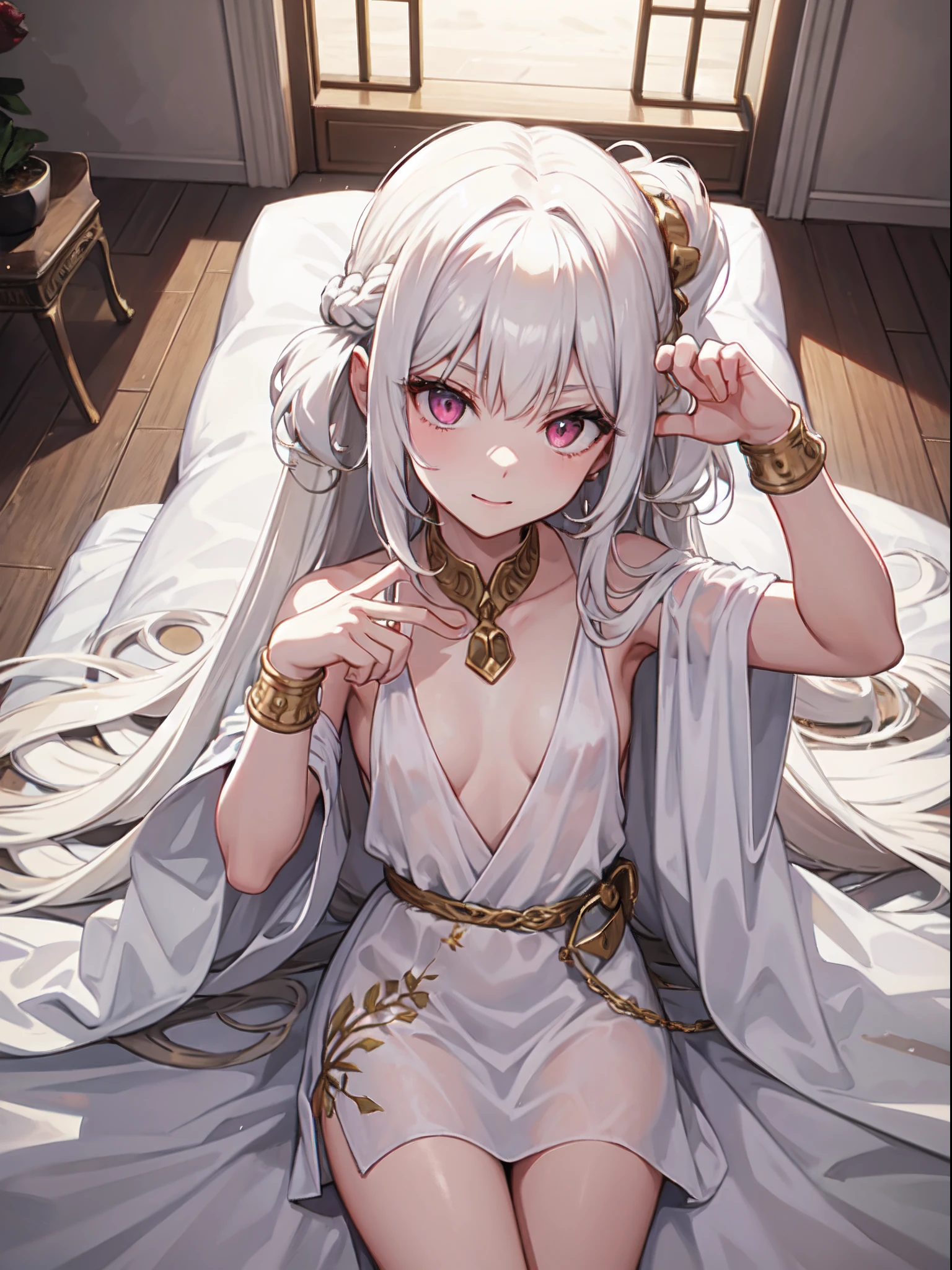 masterpiece, best quality, 16k, 1girl, solo, from above, close up, face only, long hair, light hair, wavy hair, platinum hair, white hair, hair bangs, petite, (small breasts:1.1), rating:safe, pink eyes, hair between eyes, evil smile, wearing a peplos, ancient greek dress, gold bracelets, head tilt, evil queen, royalty, goddess, majestic, in bed, laying in bed, face only, upper body