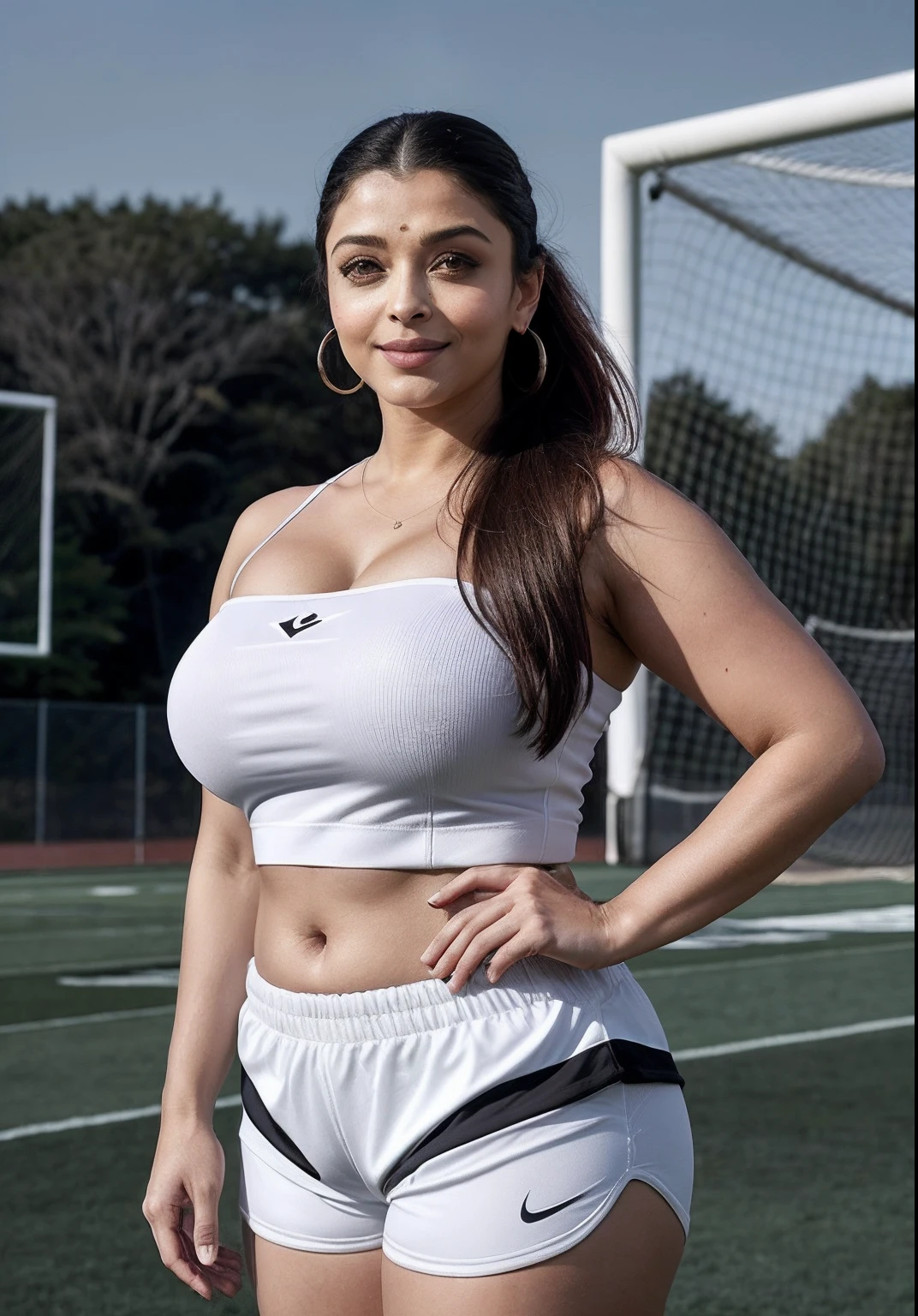 Aishwarya Rai as football player, white micro mini shorts, athletic mature curvy milf figure, micro strapless top, football boots with high socks, breasts out, healthy milf figure, ponytail hair, posing outdoors in football field for boys, bright sunny day, big breasts, seductive face, look at camera and smile, erotic adult face, 45 yo, volumetric lights, intricate details, (ArtStation:1.2)