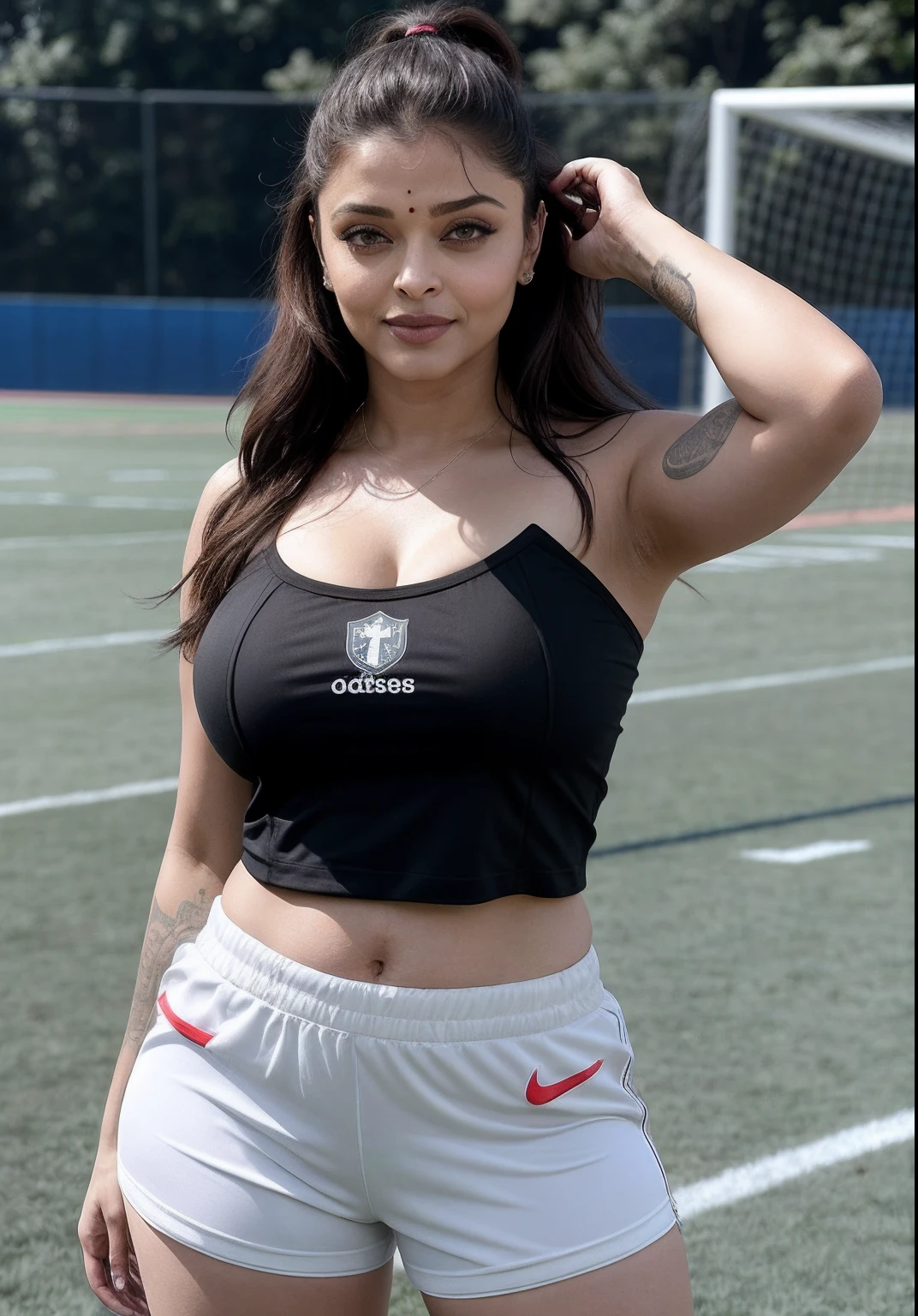 Aishwarya Rai as football player, red micro mini shorts, athletic mature milf figure, micro mini tank top, football boots with high socks, breasts out, healthy milf figure, ponytail hair, posing outdoors in football field for boys, bright sunny day, big breasts, seductive face, look at camera and smile, erotic adult face, 45 yo, volumetric lights, intricate details, (ArtStation:1.2)