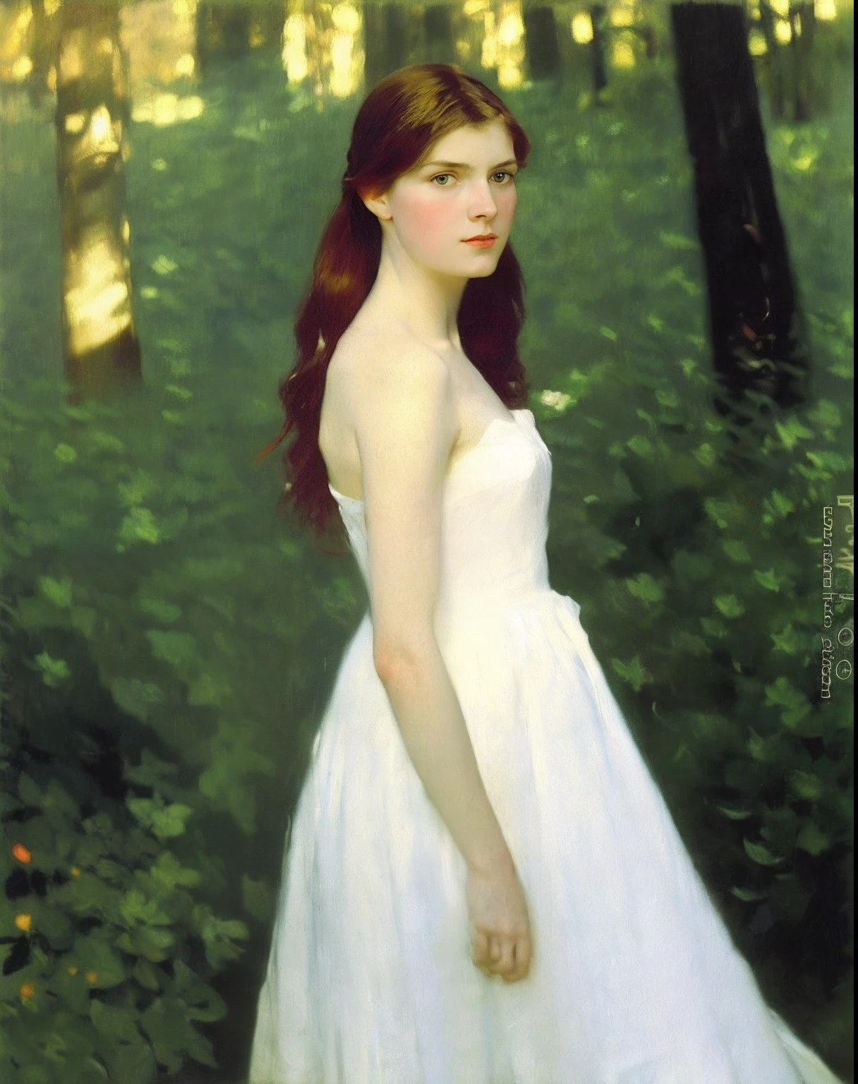 ((( Singer Sargent oil painting ))) young 21 year old redhead siberian woman ((slanted eyes)) long shot, shoulder length hair, corkscrew hairstyle, satin dress, strapless, painting art ,forest at twilight, soft ligth out of focus background, Large strokes ,Easy brushstrokes, textured