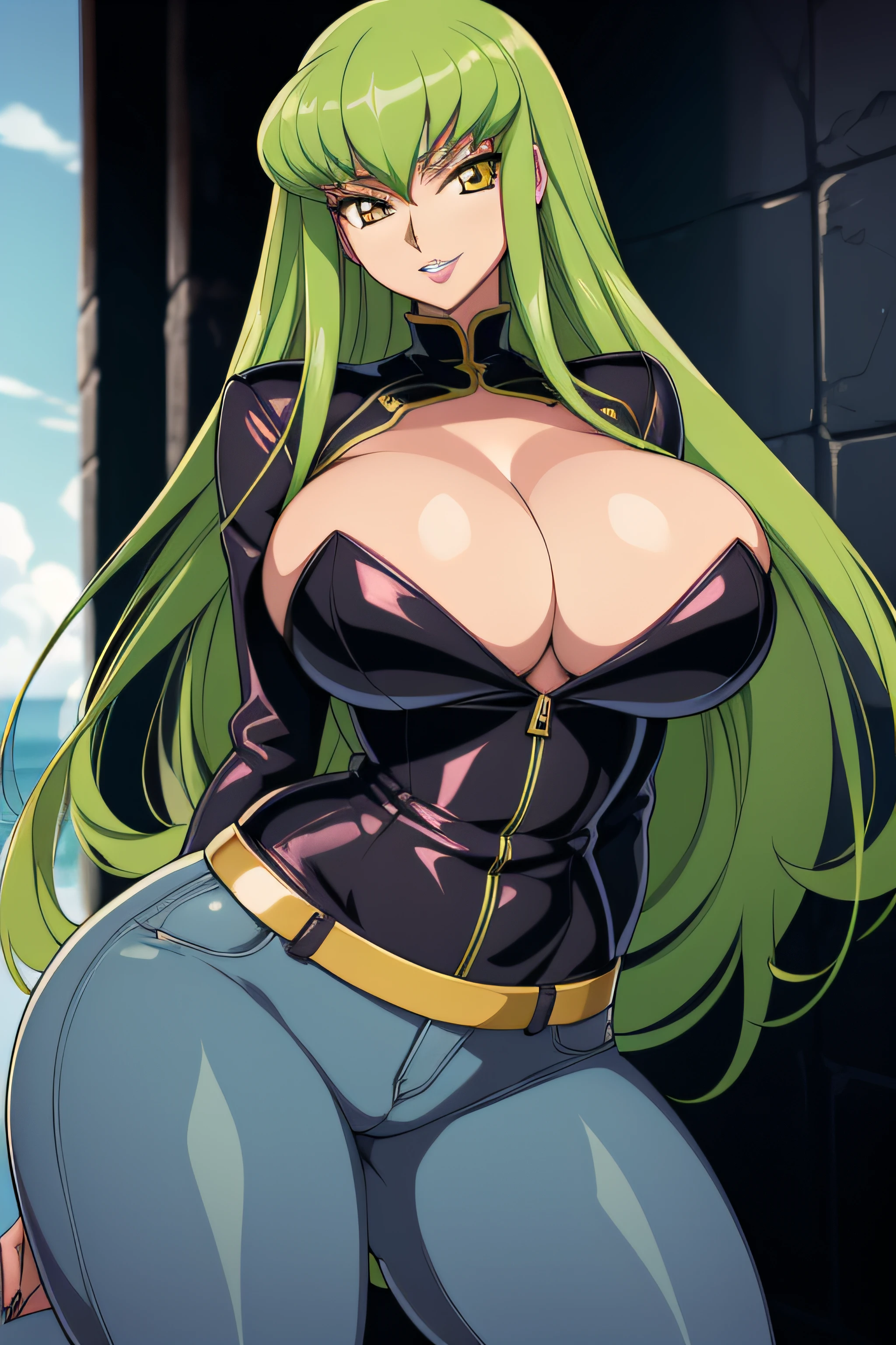 codeGeass, C.C 1 Girl, (((Bimbo))), Puffy lips, long green hair, Painted lips, thick lips, wide hips, thick thighs, Big Breast, Huge ass, revealing cleavage, Erotic, Smile Face, bubble butts, Camel toe, breasts, tight blue jeans, Black leather jacket, Stand before me