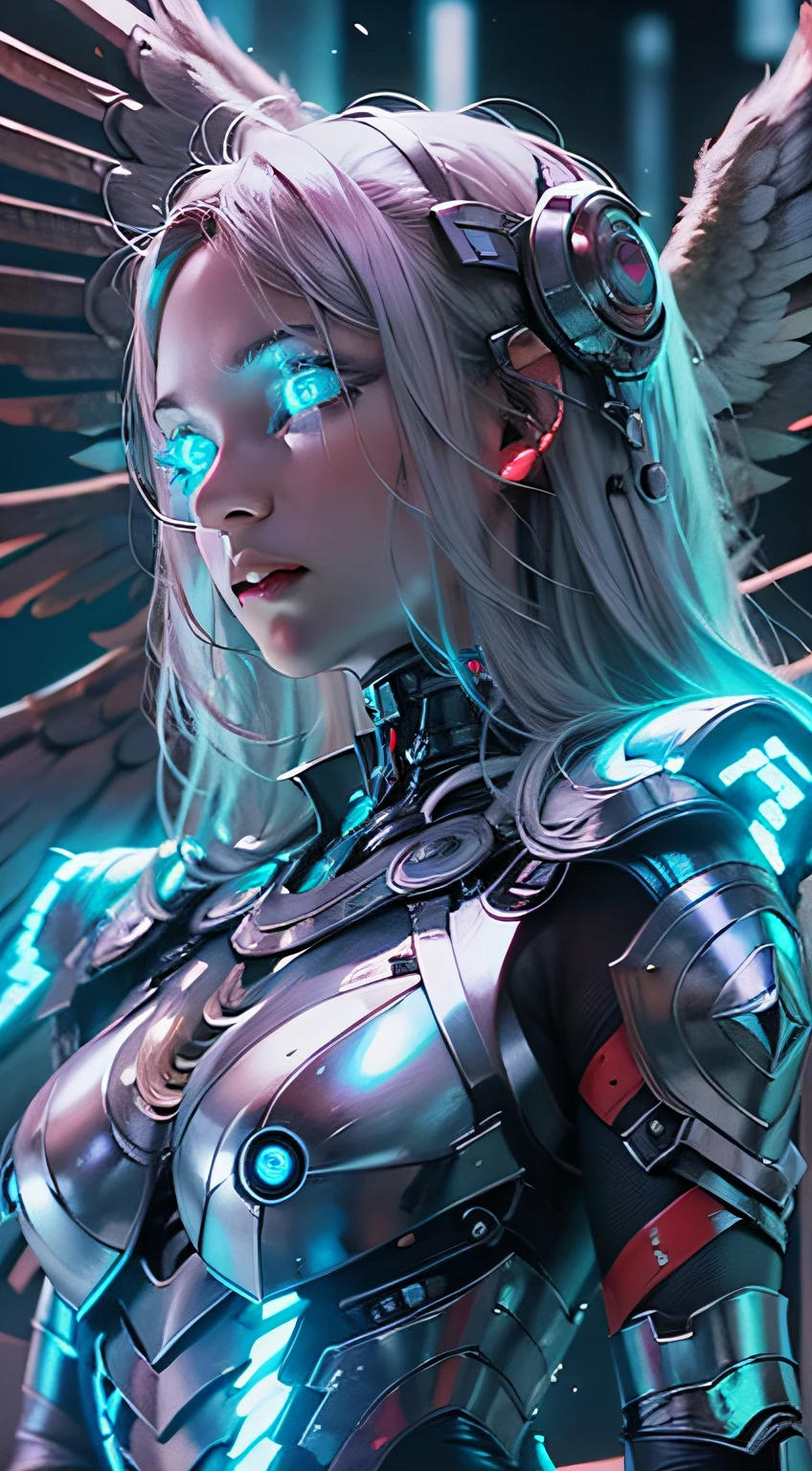 (Masterpiece), (Best quality), 1girll, Battle Angel, Female warrior with angel wings, battlefiled, Portrait, Close-up shot, (Blue glowing eyes), Cyborg armor