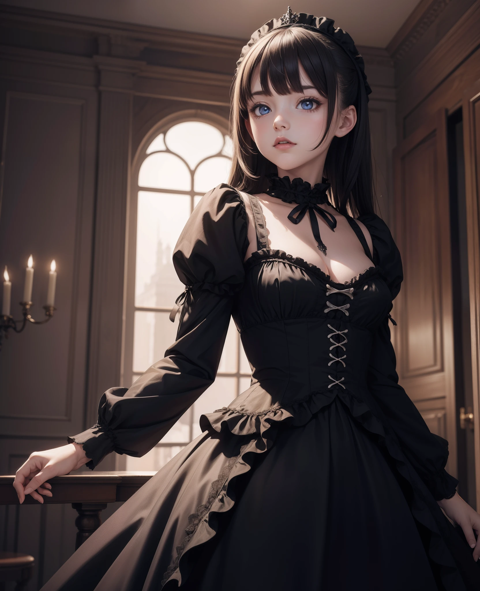 (masterpiece, best quality), (absurdres), (illustration:1.2), (ultra detailed, 8K, ultra highres:1.2), 1girl, young, cinematic, (dynamic pose:1.2), frilled dress, gothic room, light, BREAK portrait