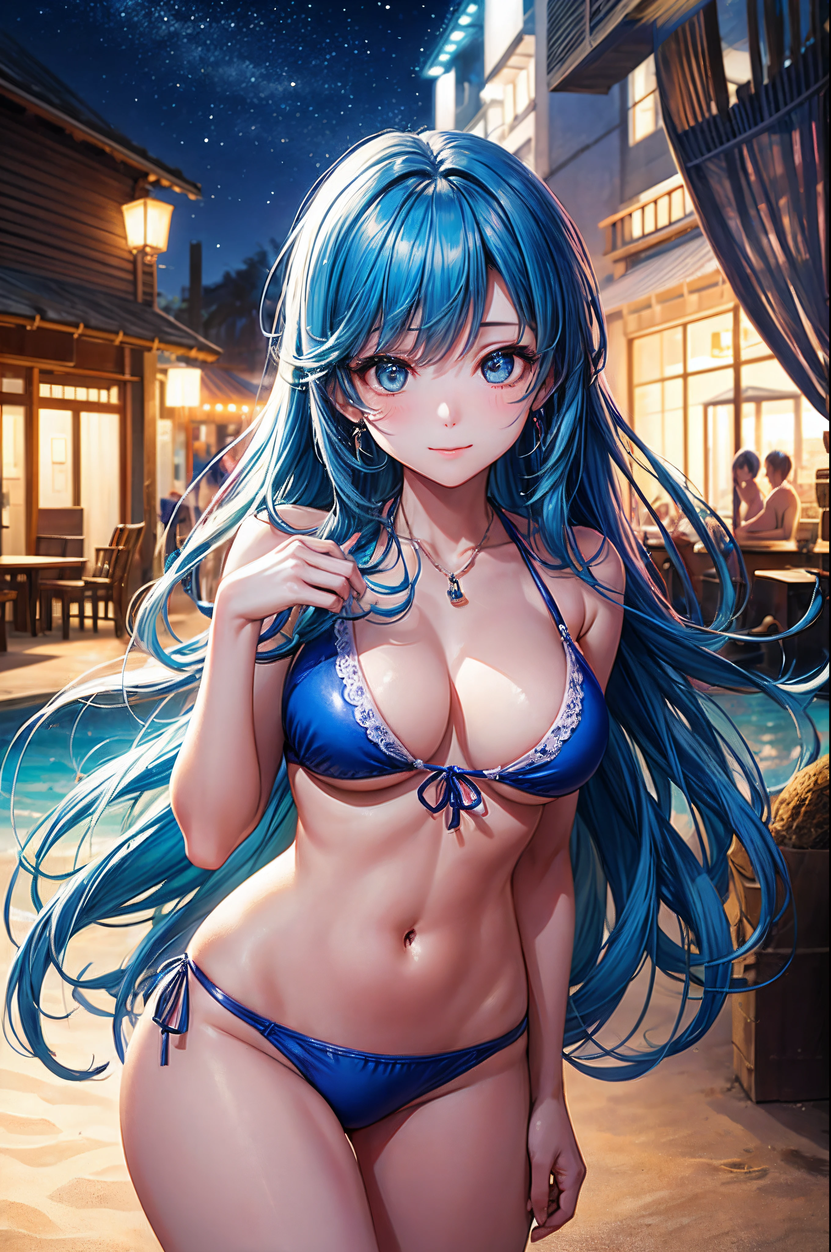 realisitic、top-quality、 1 人、25-years old、Blue hair color、piercings、Shy face、Fancy Bikini、beautiful boob 、sexypose、s ass、night sandy beach、Particles of light、profetional lighting、blue open sky