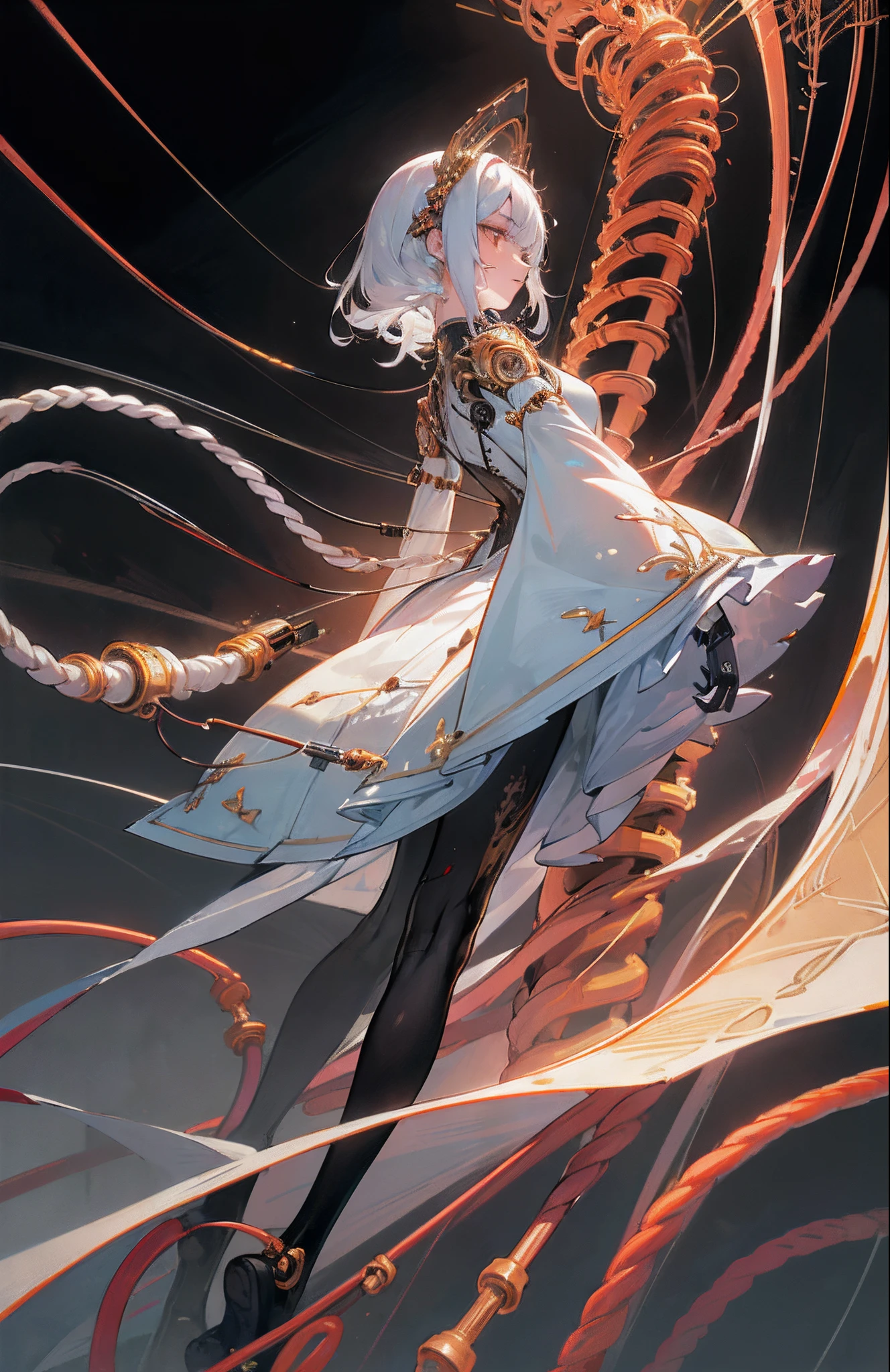 (masterpiece, top quality, best quality, official art, beautiful and aesthetic:1.2), (1girl:1.3), extreme detailed,colorful,highest detailed ((ultra-detailed)), (highly detailed CG illustration), ((an extremely delicate and beautiful)),(from side),cinematic light,((1mechanical girl)),solo,full body,(machine made joints:1.2),((machanical limbs)),(blood vessels connected to tubes),(mechanical vertebra attaching to back)expressionless,(wires and cables attaching to neck:1.2),(wires and cables on head:1.2)(character focus),science fiction, tubes on background, machines are attached to joints, white hair, white skin, looking at viewer, gun in hand, copper, bronze, (black tights, ) perfect anatomy,