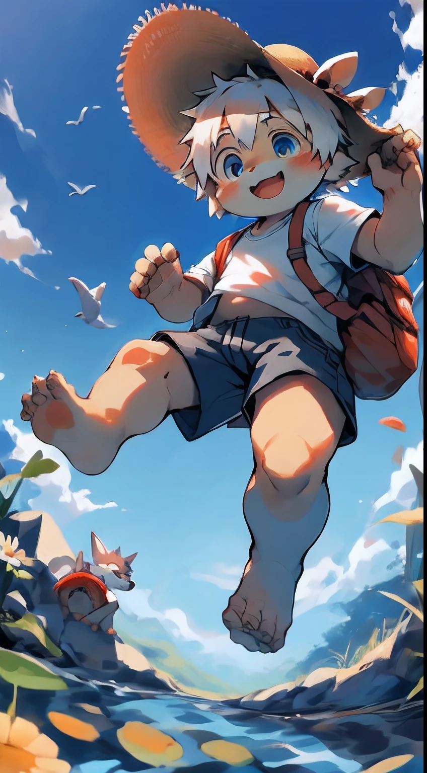 (sfv), Two boys, Sit by the pond and fish, A man in a white T-shirt and straw hat, The other is the younger brother, The fish is hooked, Trying to pull, Summer, cheerfulness, Carrying a backpack, The kind of car toy in hand, In the background is an endless wheat field, Blue sky and white clouds, Perfect quality, Clear focus, Colorful, Perfect face, Intricate details, ultra-low perspective, Wide-angle lens，by Pino Daeni, canyne khai, milkytiger1145, Dagasi, Yupa,