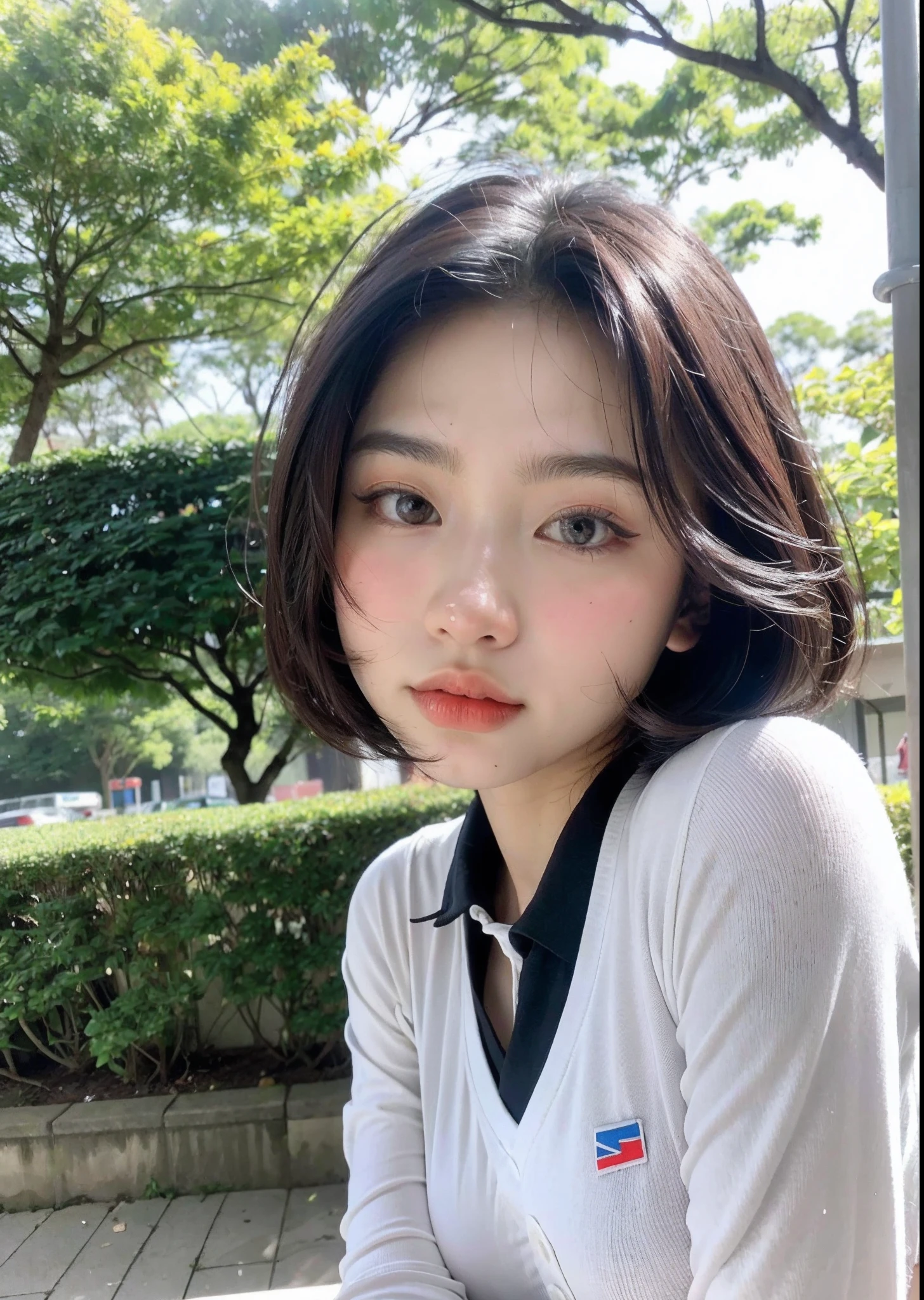 (beste-Qualit, 10, 10, masterpiece, UHD: 1.2), Photo of Pretty Japanese woman,20 age, Short black hair, Beauty Face, (Lean forward: 1.3), Seated, (From Top: 1.2), (Up Close: 1.4), P.P.G, japan school uniform, large boobs, outdoor, high wind, oily shiny skin, Blurry Background,