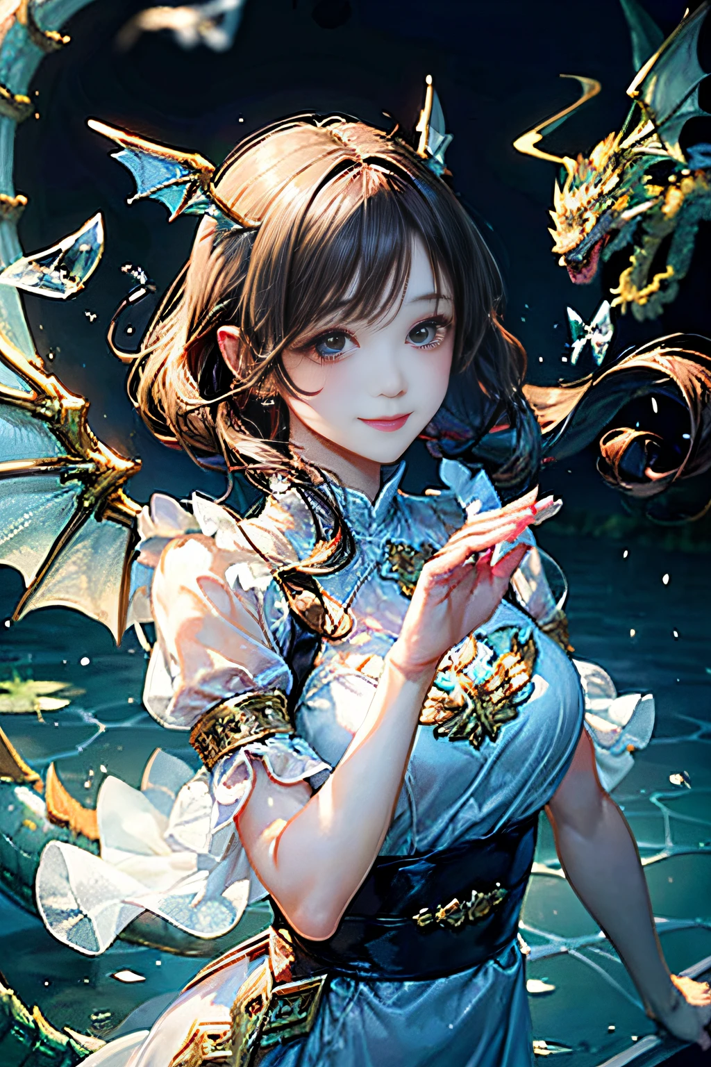 (Sheer and revealing white fluffy outfit:1.3, ),(Angel with glass wings floating on lake:1.3), (Glass Dragon Behind:1.3),Glossy light brown and orange striped shorthair,Cute smile,Perfect round face,A cheerful smile that makes the viewer happy,Proper body proportion,masutepiece,Super high-quality output images,hight resolution,Intricate details,Hair fluttering in a very delicate and beautiful wind,photos realistic,Dreamy,Professional Lighting,realistic shadow,Solo Focus,Beautiful hands,Beautiful fingers,Detailed finger features,detailed clothes features,Detailed hair features,detailed facial features,