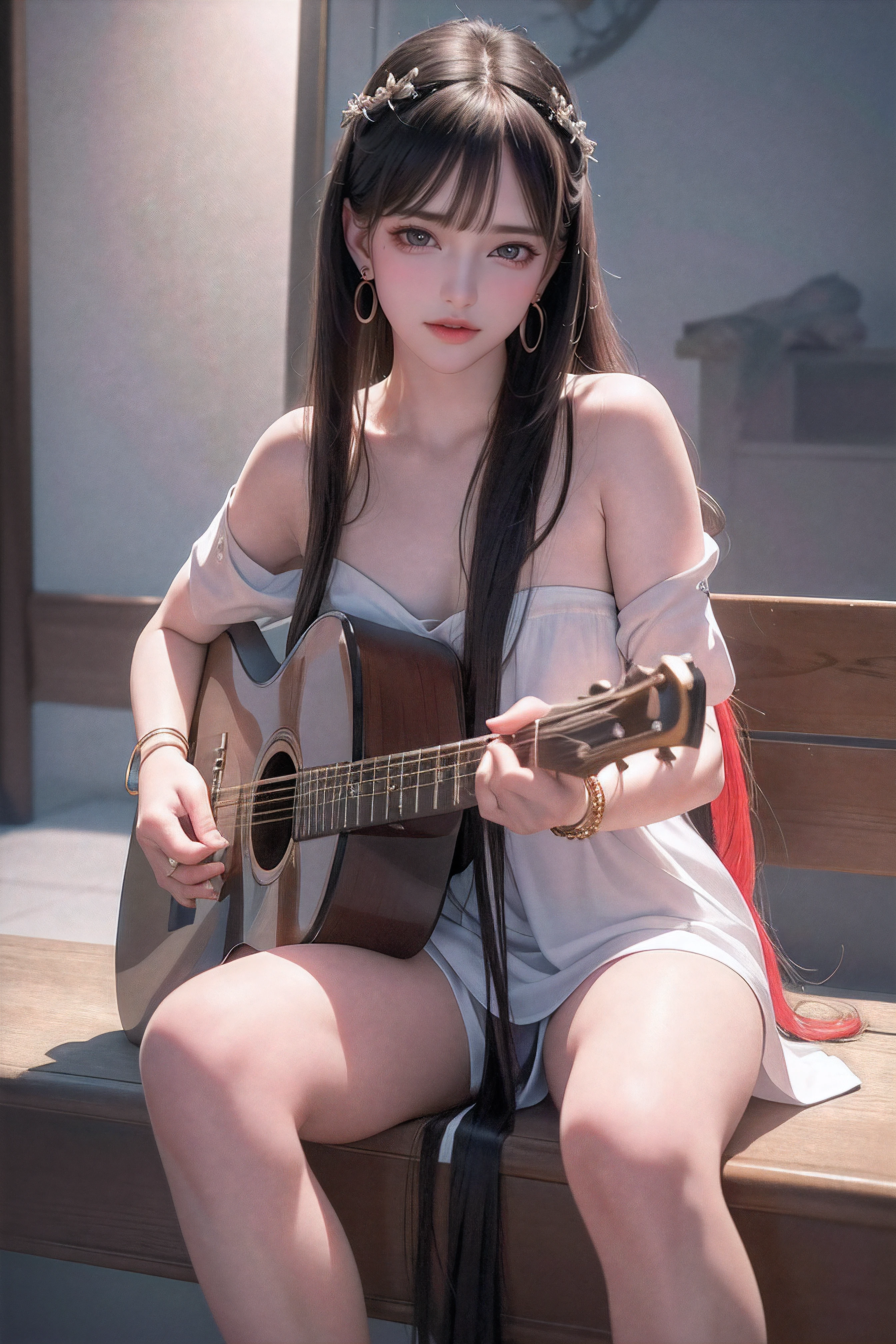 (8k, RAW photo, best quality, masterpiece:1.2),(realistic, photo-realistic:1.37),photo mapping,professional lighting,radiosity,1girl,solo,long_hair,(bracelet:1.1),(long legs:1.2),(earrings:1.1),physically-based rendering,proscenium,performance,be seated,unconventional guitar,close up to hands,