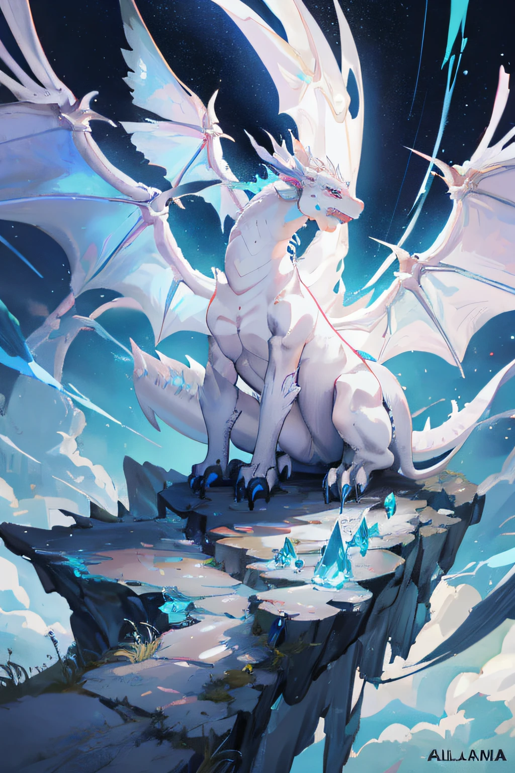 Anime Art Of a White Dragon sitting on a rock with a fonDo Of heaven, Crystal Dragon, Frost Dragon, legendary dragon, blue eyes white dragon, colossal dragon as background, TenDencias en ArtStation Pixiv, Arte oficial De alto Detalle, Arte Digital DetallaDo 4K, dragon art, Arte DetallaDo De alta caliDaD 8K, granDes alas blancas brillantes, D&d commision art dragon