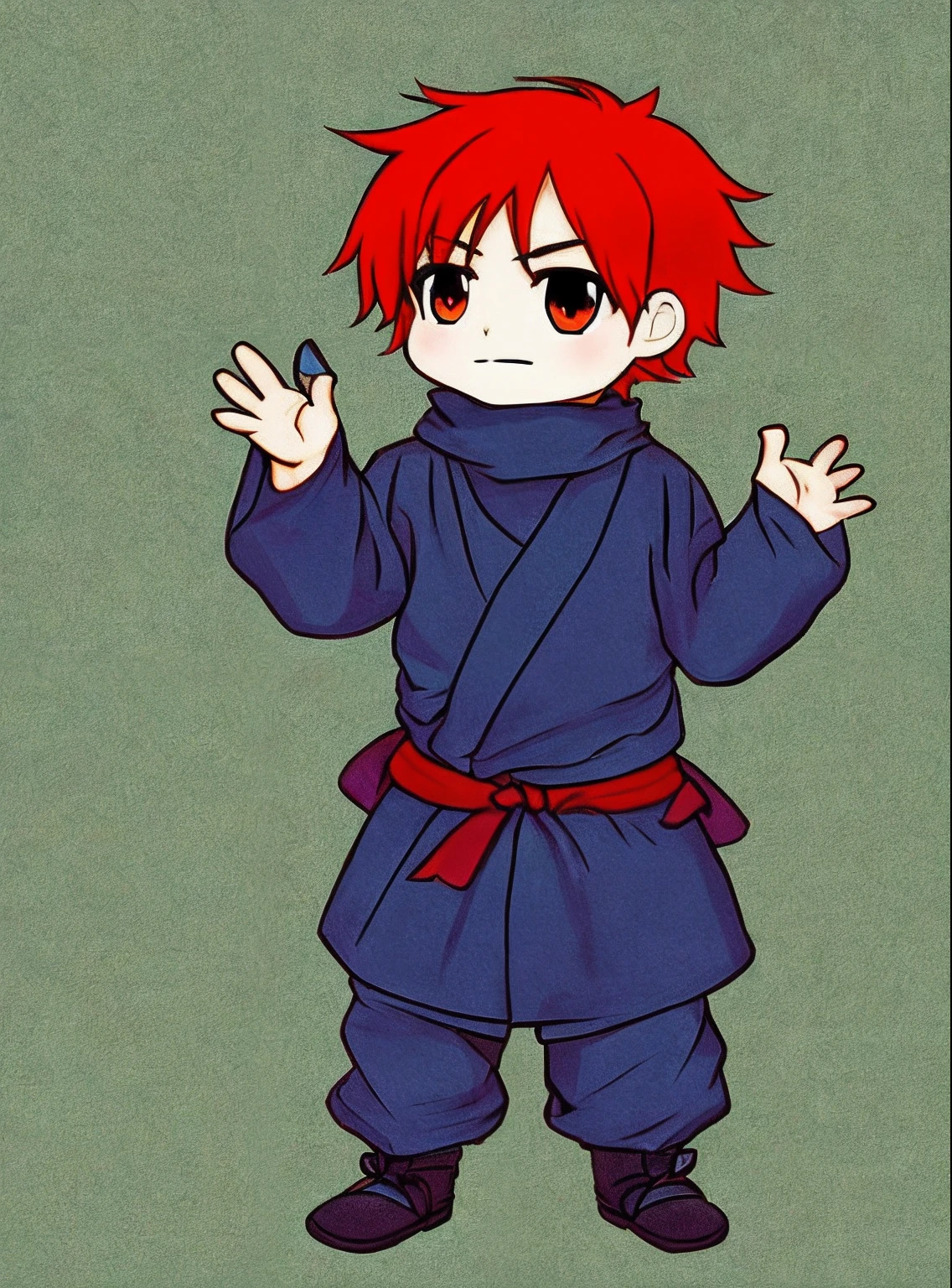 Male ninja, red hair, unsociable, child, chibi character, one hand raised