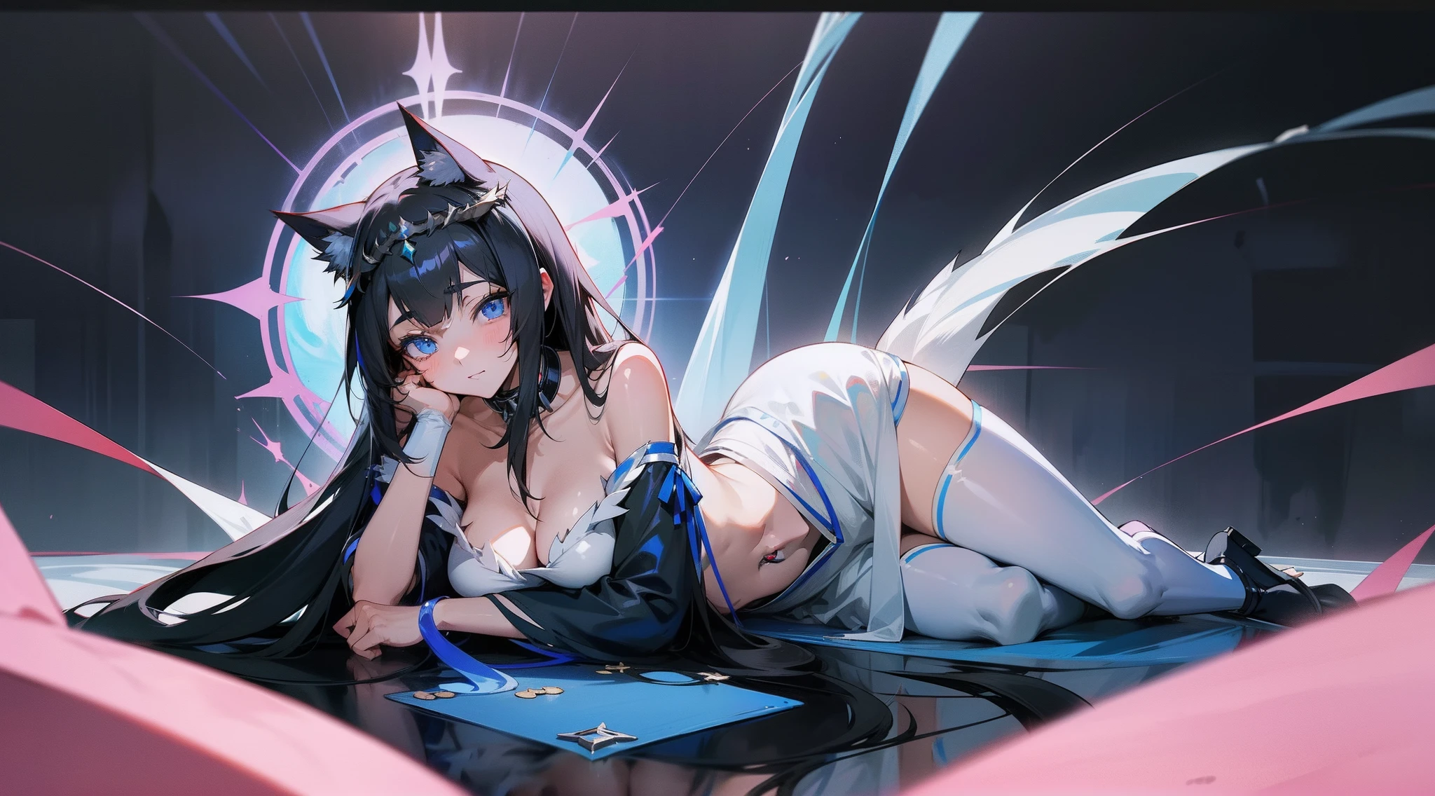 Anime girl with long black hair and blue eyes wearing a crown, exposed bare shoulders, beautiful anime catgirl, Hestia, Very beautiful anime cat girl, Anime goddess, From Arknights, detailed anime character art,trinkets,Collar,cat ear,Anime art wallpaper 8k,Warriors,bare stomach,