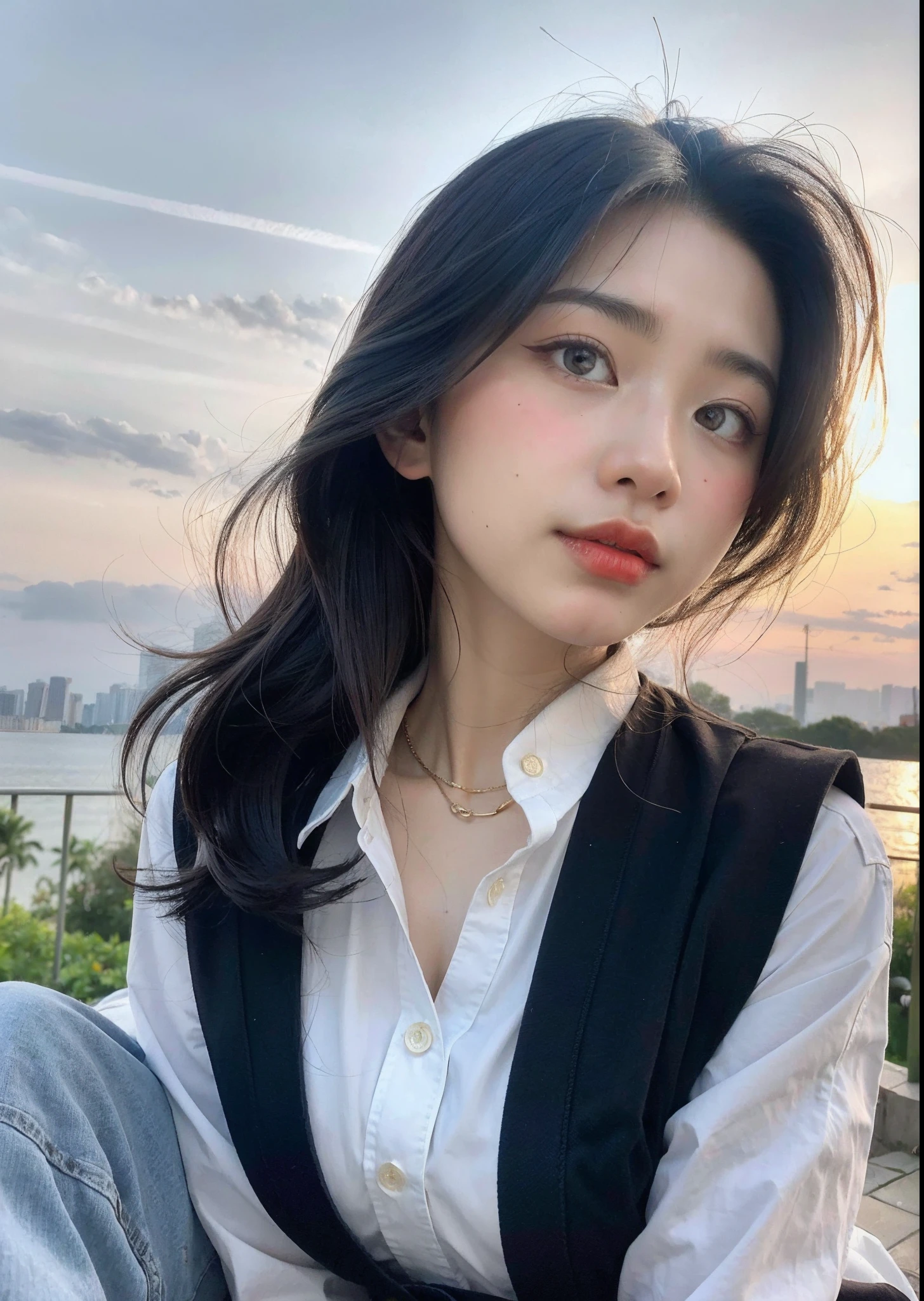 (beste-Qualit, 10, 10, masterpiece, UHD: 1.2), Photo of Pretty Japanese woman,20 age, Short black hair, Beauty Face, (Lean forward: 1.3), Seated, (From Top: 1.2), (Up Close: 1.4), P.P.G, japan school uniform, large boobs, outdoor, high wind, oily shiny skin, Blurry Background,