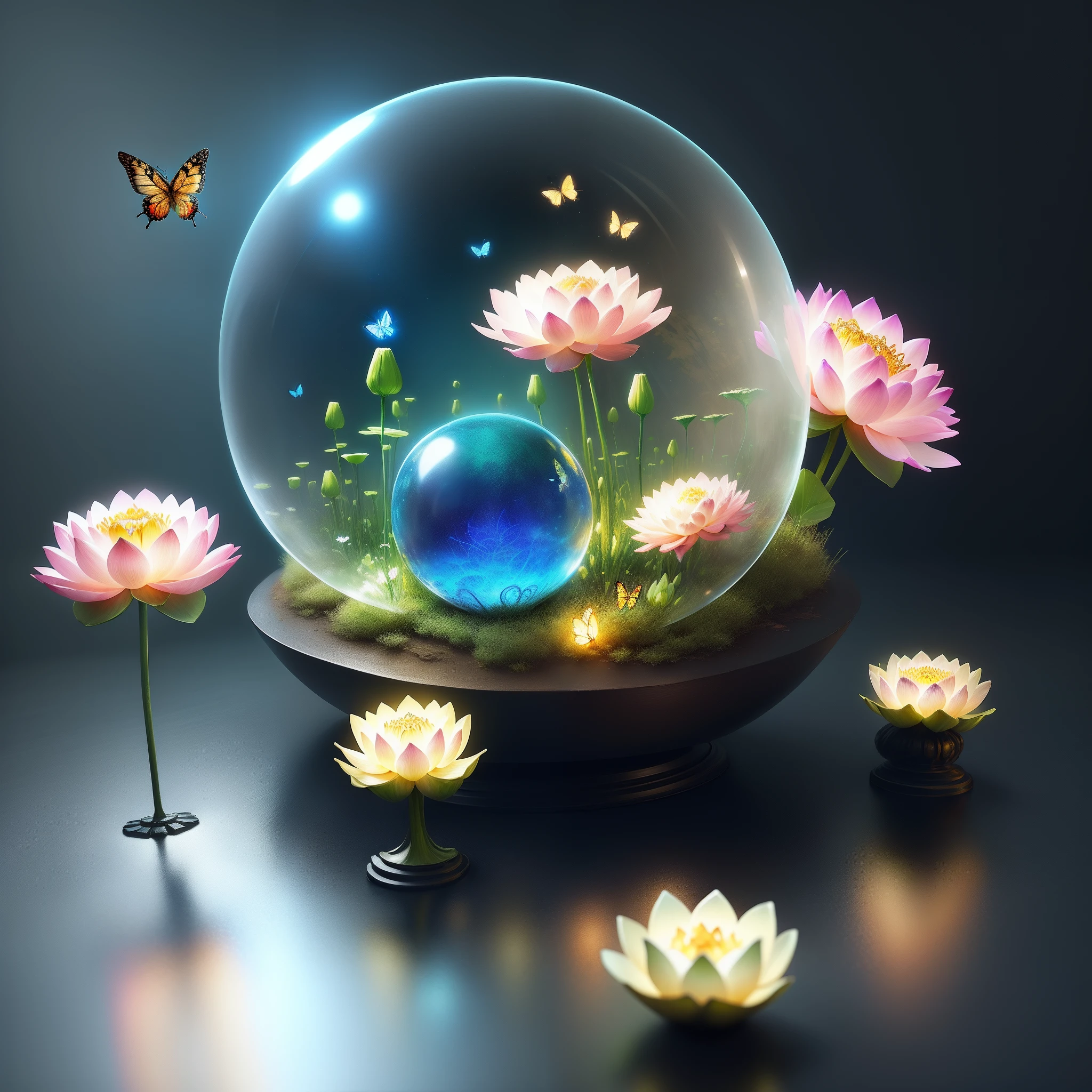 glass sphere anthill, butterflies sitting on glowing lotus flower , game design, high quality, fantasy magic 3D