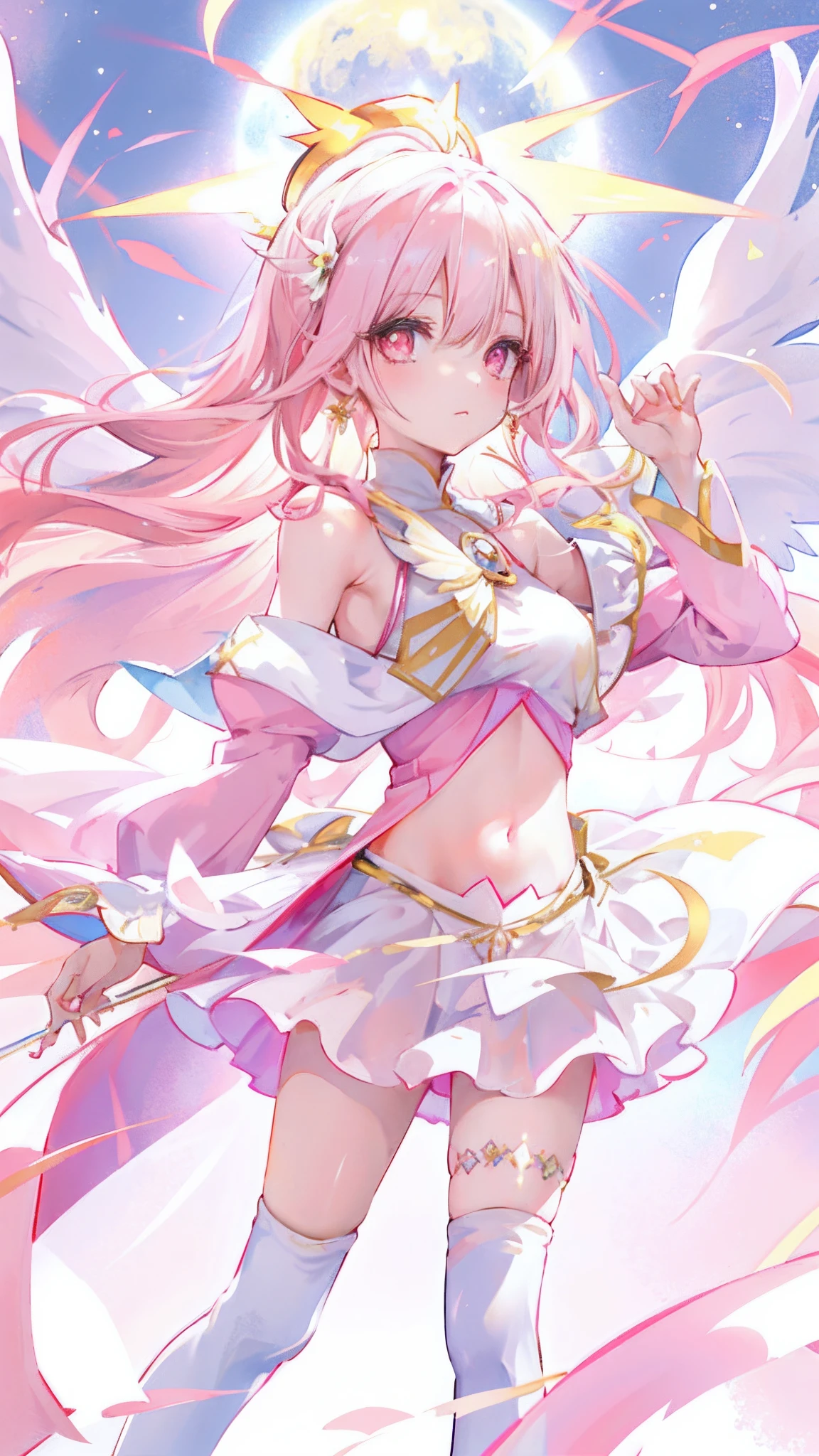 (illyasviel von einzbern:1.2), Long pink and white hair，Pink-white wings，Deep yellow pupils，Decorated in brilliant gold，Soft clothes in white and yellow，Silk skirt，deep v big breasts，Bare shoulders，Open navel，Bare thighs，boot，She is a cute and sweet beautiful girl