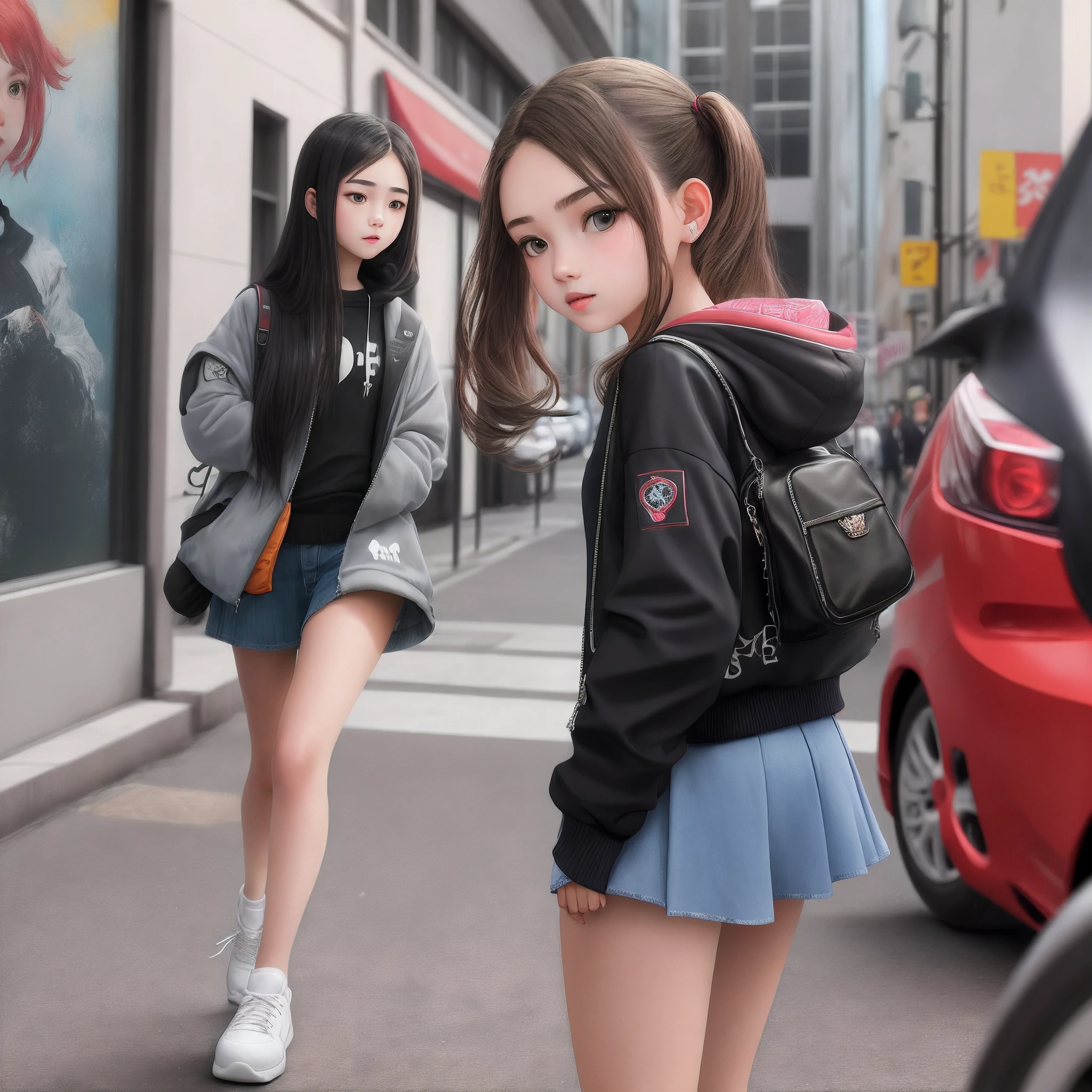 Beautiful girl - 16 years old, a high resolution, 1 Girl, street, Crowd, night, street light, Wet, rain, white shirt, Pleated leather skirt , small black leather jacket, foreground, I look at the viewer, Leaning on the fence,, white, stocking, wants sex.